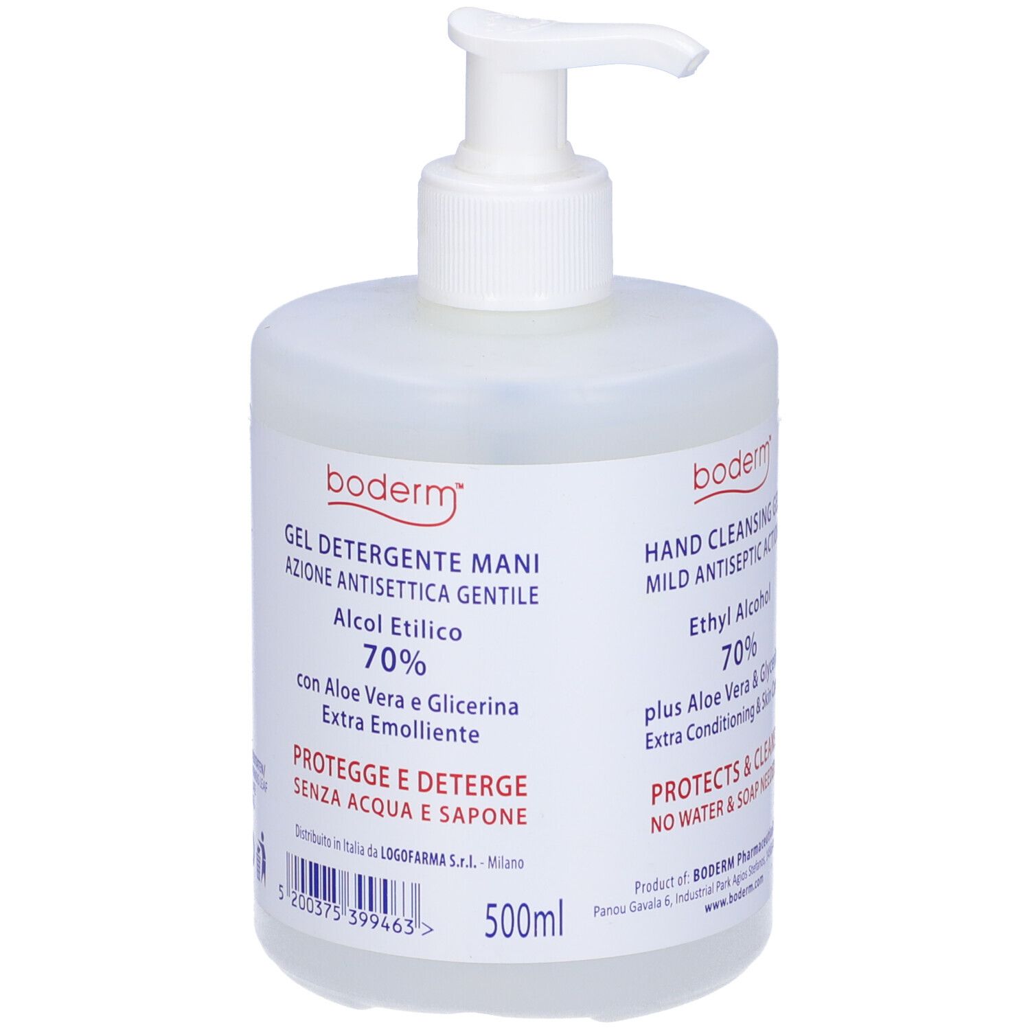 Flacone trasparente con dispenser. Scritta: Gel detergente mani, 70% alcool. Con Aloe Vera e Glicerina. 500ml.