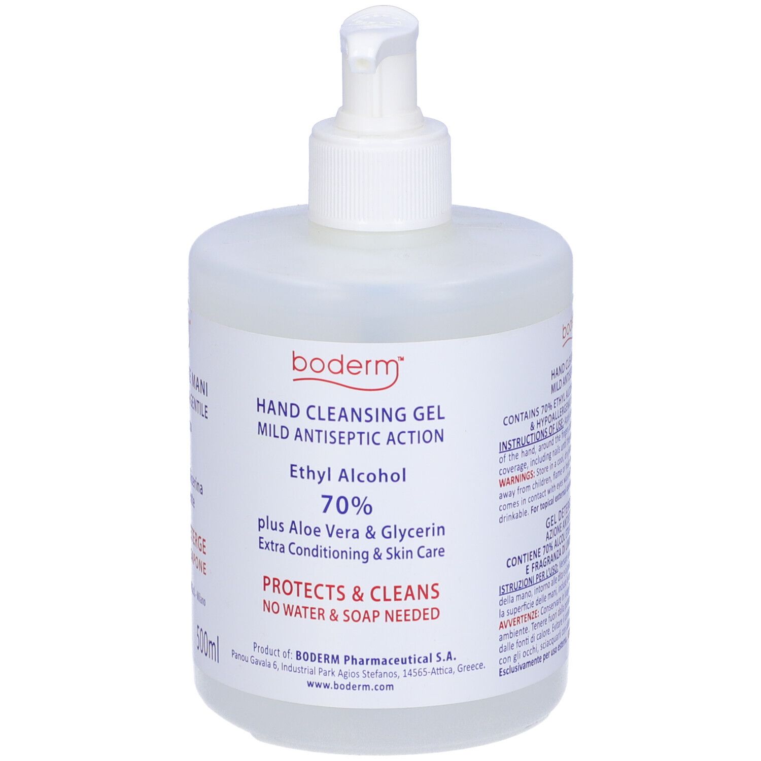 Flacone trasparente con dispenser. Scritta: Hand Cleansing Gel, Ethyl Alcohol 70%. Con Aloe Vera & Glicerina. 500ml.