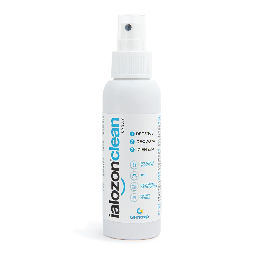 Flacone spray bianco con etichetta blu che riporta 'ialozonclean SPRAY' e istruzioni per la pulizia.