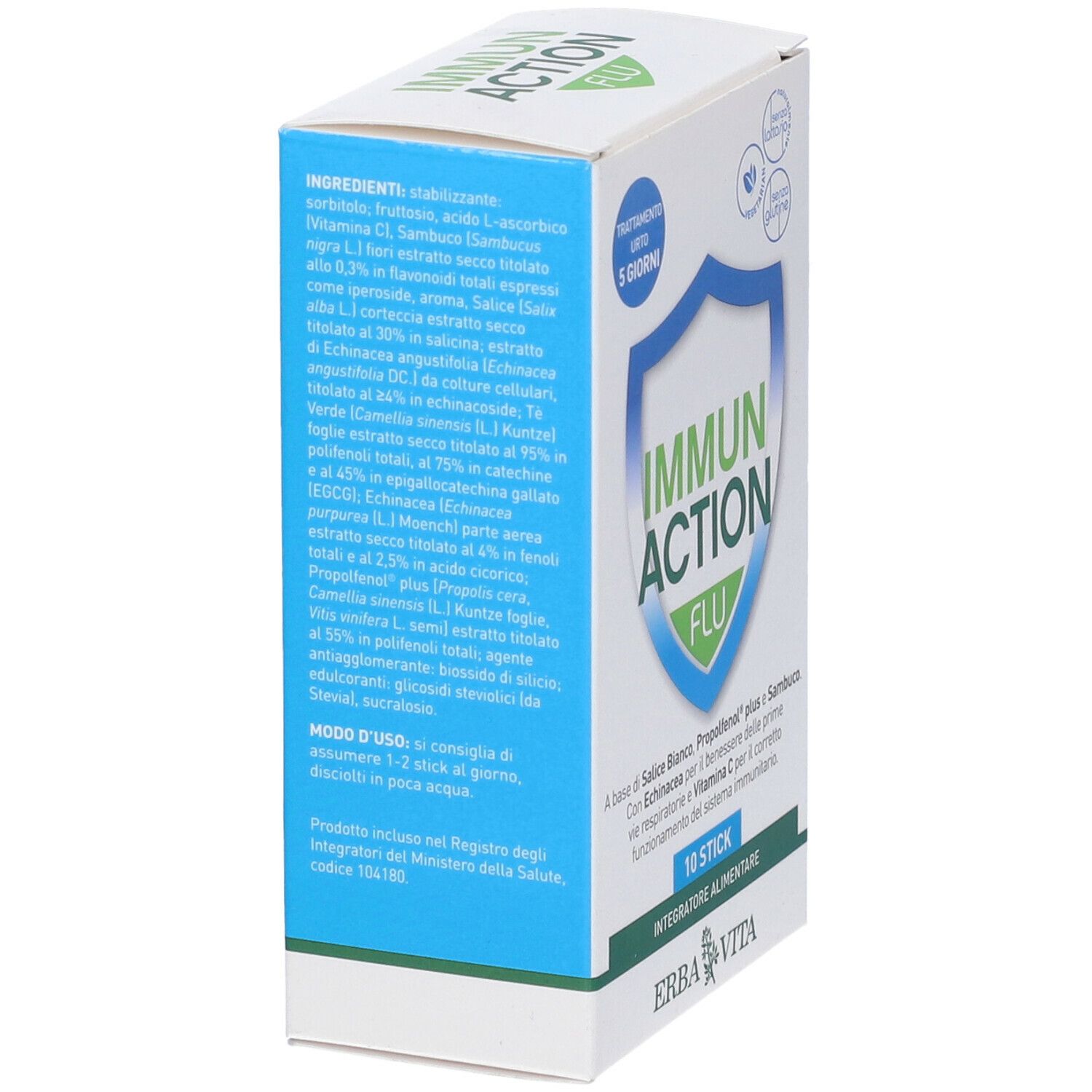 Confezione del prodotto Immun Action Flu. 10 stick. Marchio Erba Vita. Testo in italiano.
