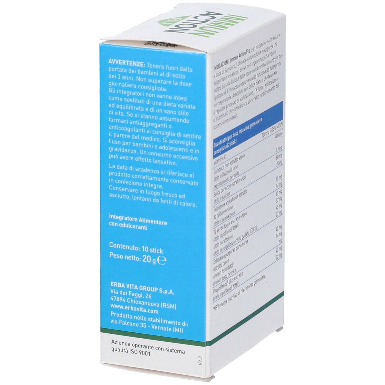 Confezione del prodotto Immun Action Flu. 10 stick. Marchio Erba Vita. Testo in italiano.