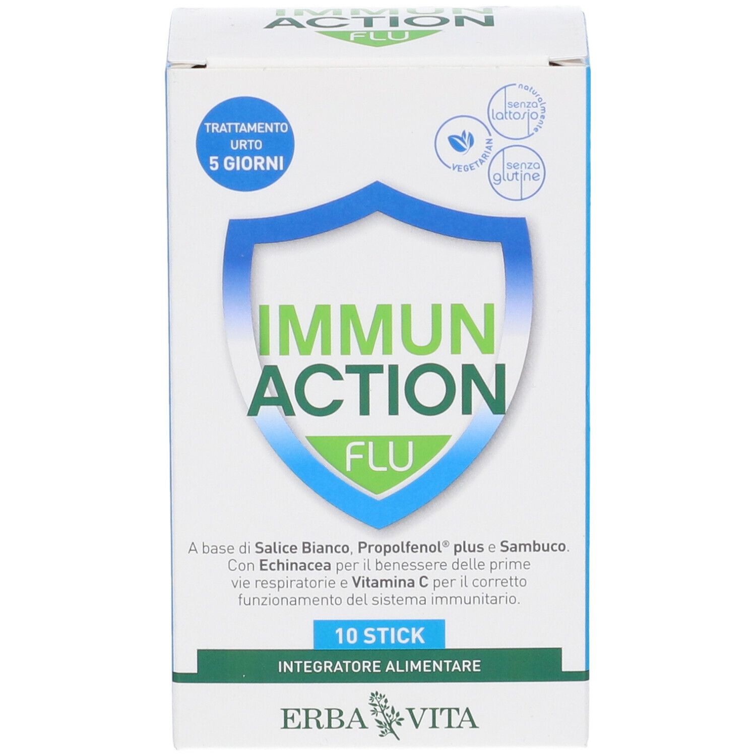 Confezione del prodotto Immun Action Flu. 10 stick. Marchio Erba Vita. Testo in italiano.