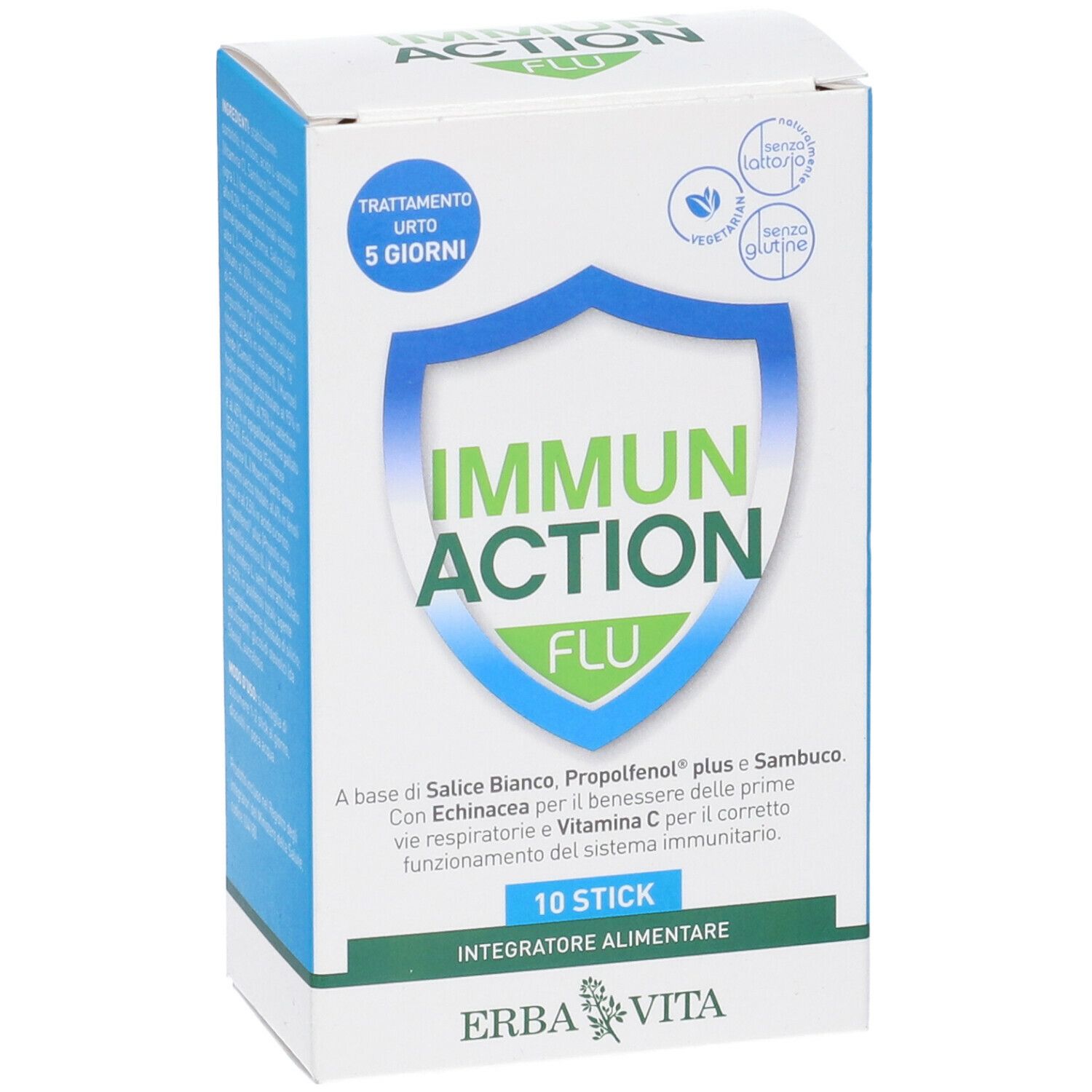 Confezione del prodotto Immun Action Flu. 10 stick. Marchio Erba Vita. Testo in italiano.
