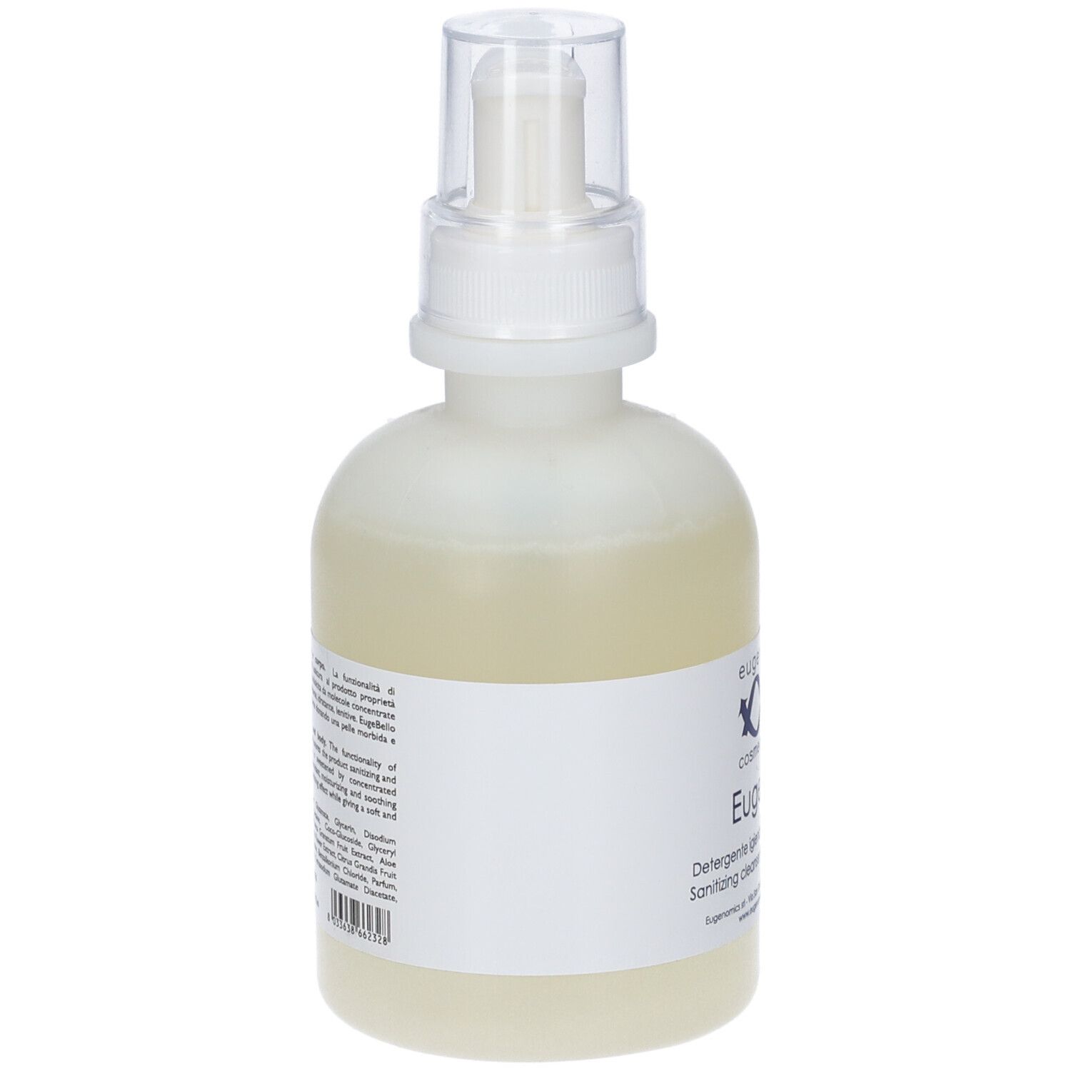 Flacone con pompa. Vista posteriore. Etichetta con testo. Detergente igienizzante per mani e corpo.