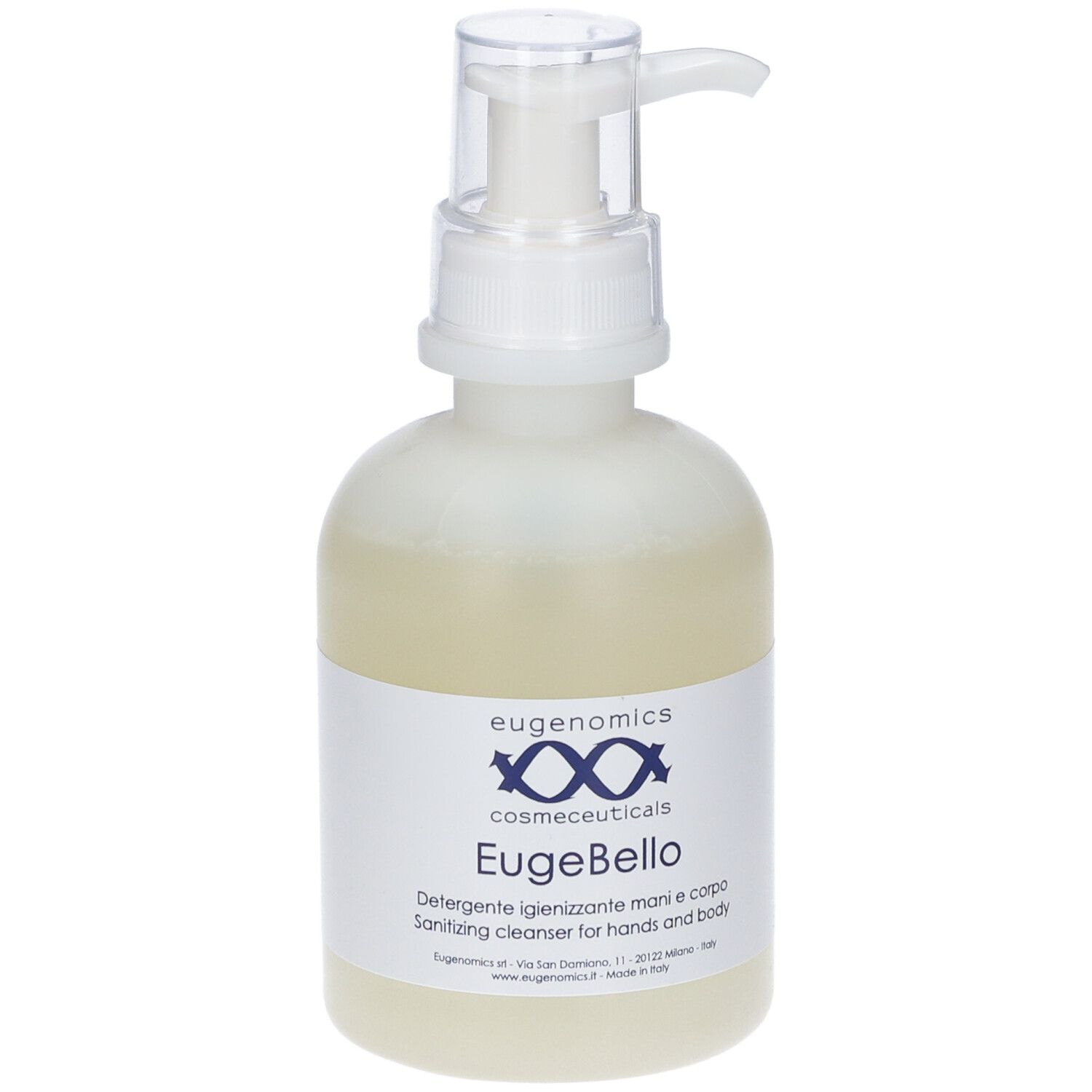Flacone con pompa. Etichetta con "eugenomics", "EugeBello" e testo. Detergente igienizzante per mani e corpo.