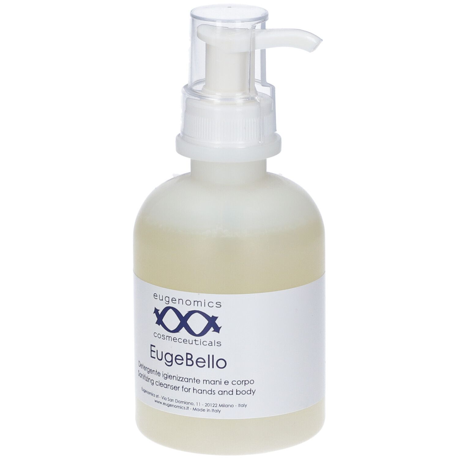 Flacone con pompa. Etichetta con "eugenomics", "EugeBello" e testo. Detergente igienizzante per mani e corpo.