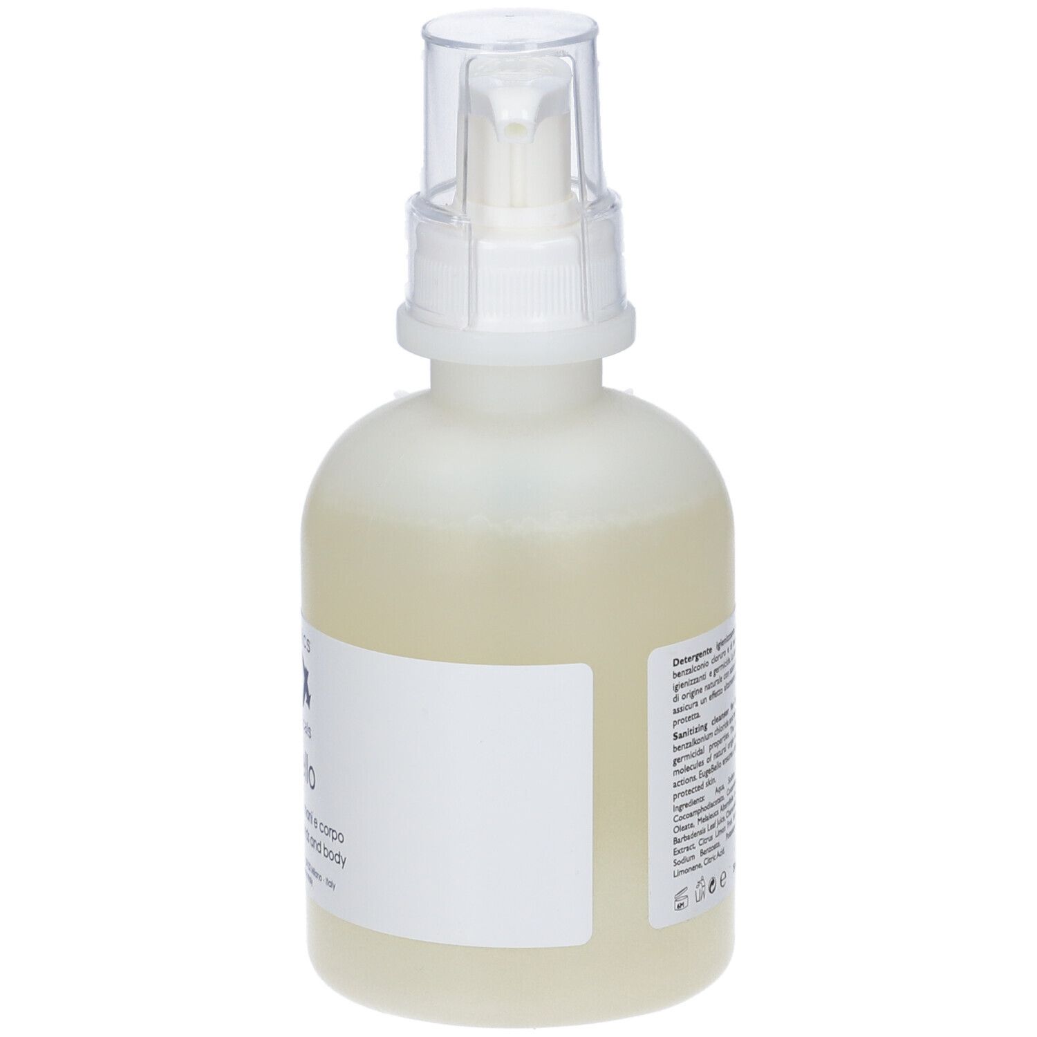 Flacone con pompa. Vista posteriore. Etichetta con testo. Detergente igienizzante per mani e corpo.