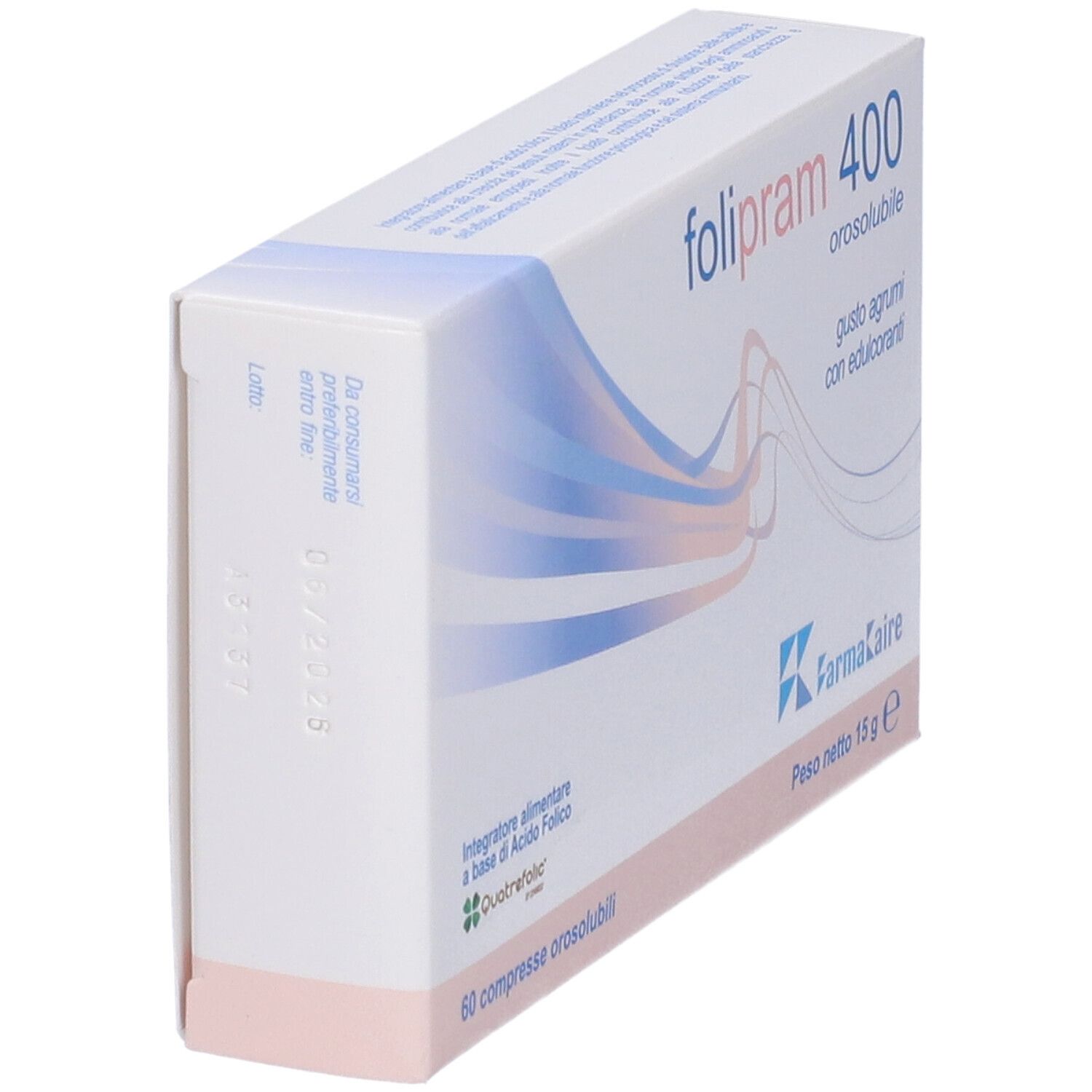 Scatola Folipram 400 in prospettiva. Contiene 60 compresse orosolubili. Gusto agrumi, edulcoranti.