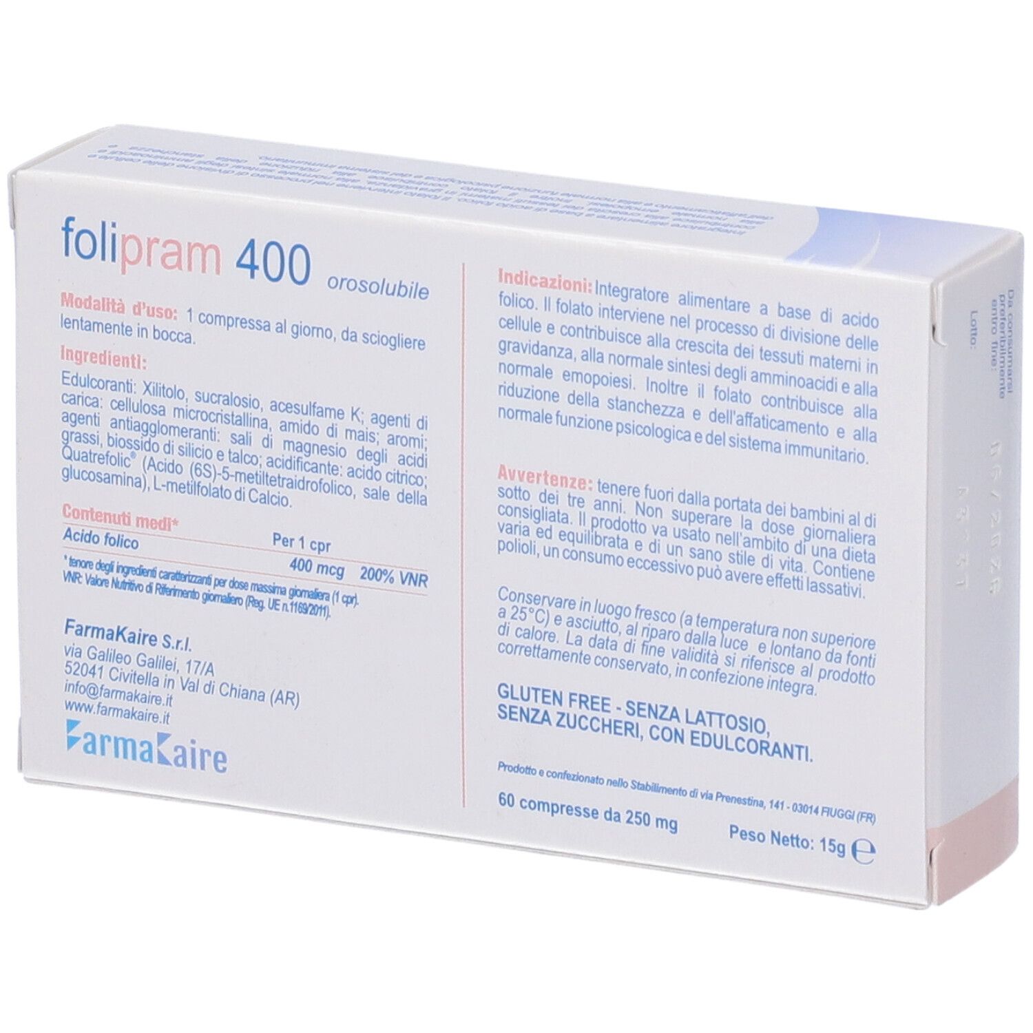 Retro scatola Folipram 400. Contiene 60 compresse orosolubili. Senza glutine, senza zucchero, edulcoranti.