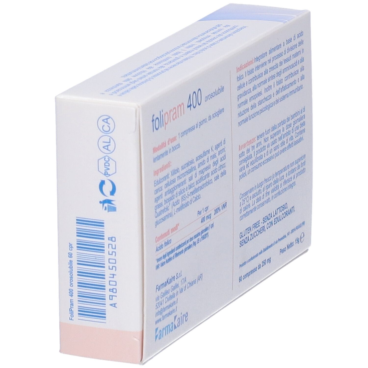 Scatola Folipram 400 in prospettiva. Contiene 60 compresse orosolubili. Senza glutine, senza zucchero, edulcoranti.
