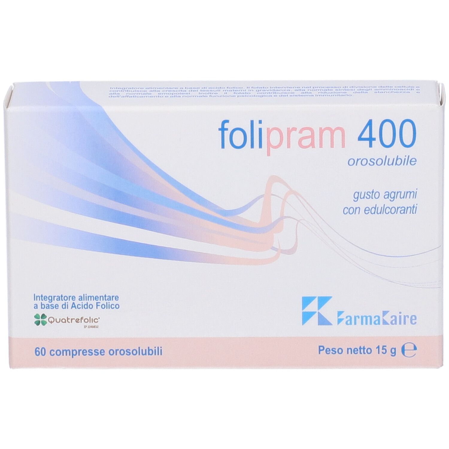 Scatola Folipram 400, 60 compresse orosolubili, gusto agrumi. Contiene Quatrefolic.