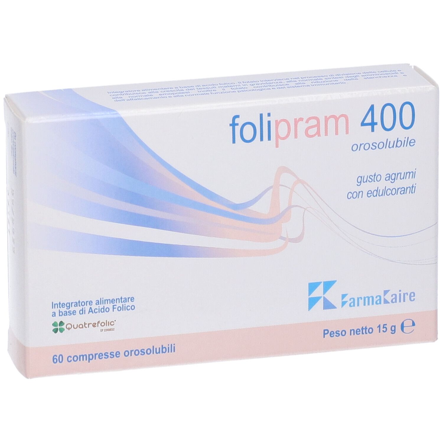 Scatola Folipram 400, 60 compresse orosolubili, gusto agrumi. Contiene Quatrefolic.