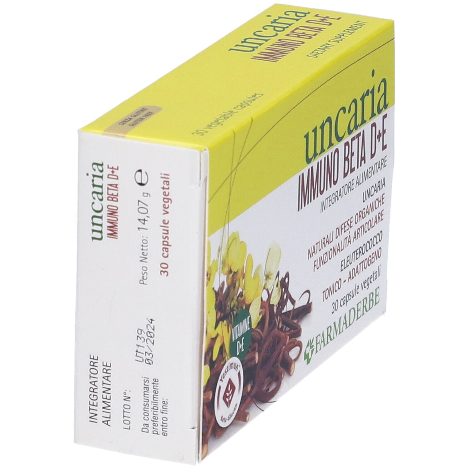 Scatola "Uncaria Immuno Beta D+E" in prospettiva. Contiene 30 capsule. Nome e logo visibili.
