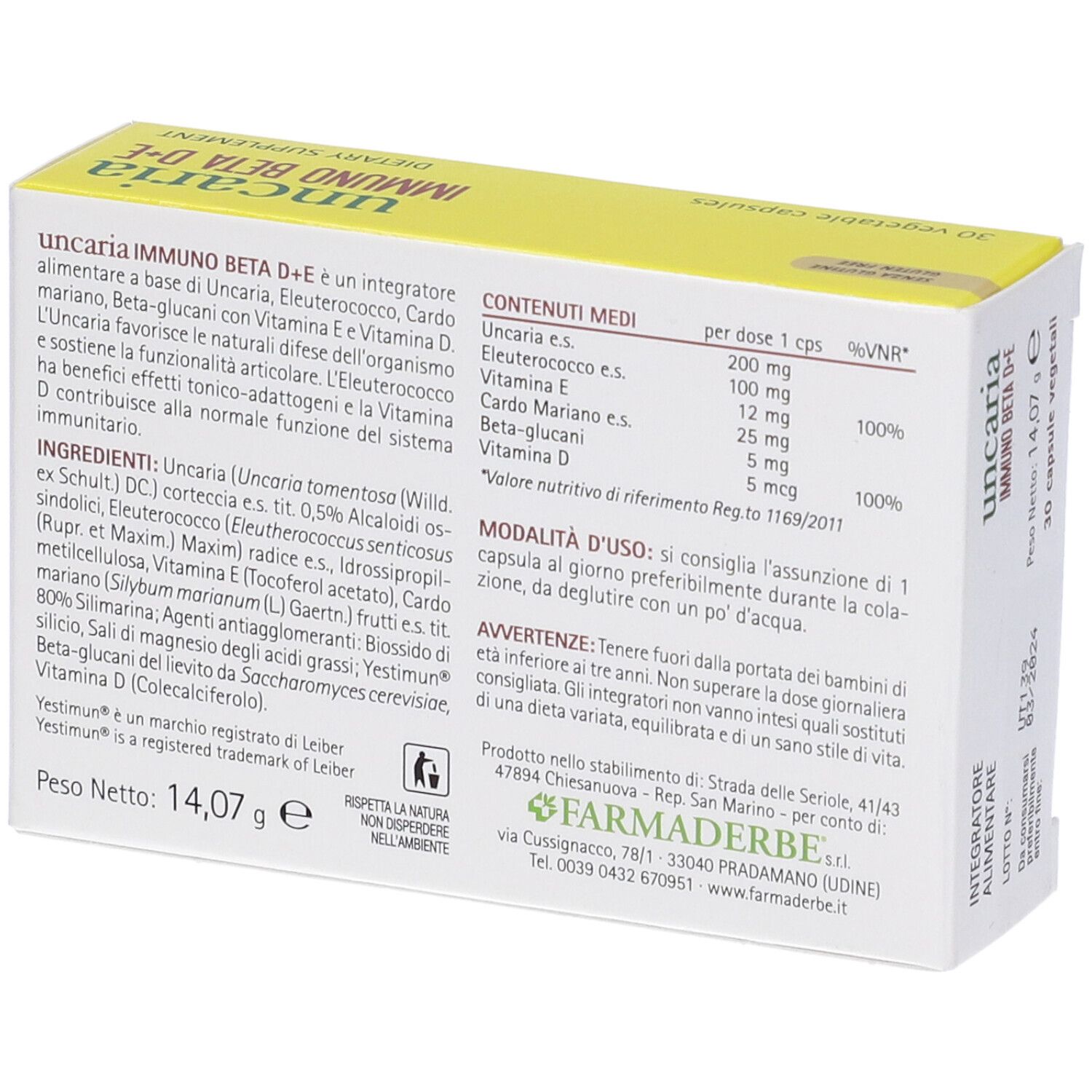 Retro della scatola "Uncaria Immuno Beta D+E". Informazioni su ingredienti e dosaggio.
