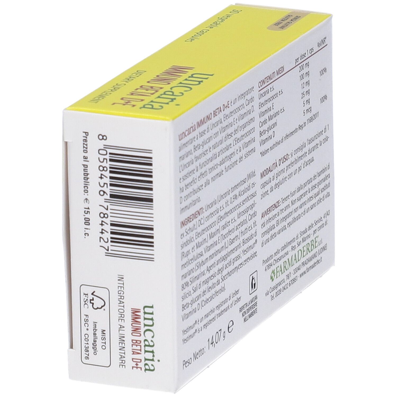 Scatola "Uncaria Immuno Beta D+E" in prospettiva. Informazioni e logo visibili.