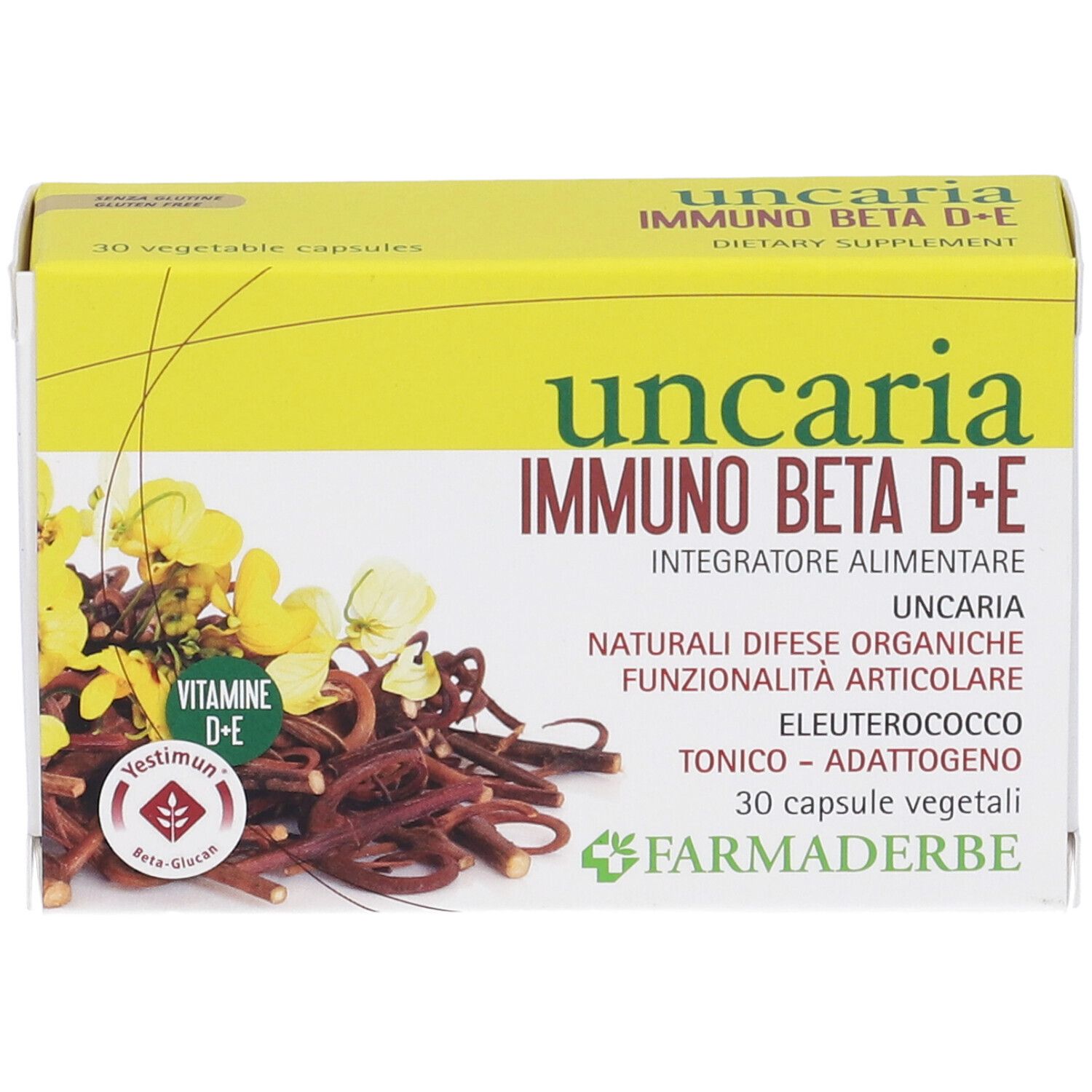 Scatola gialla "Uncaria Immuno Beta D+E" con 30 capsule. Nome e logo ben visibili.