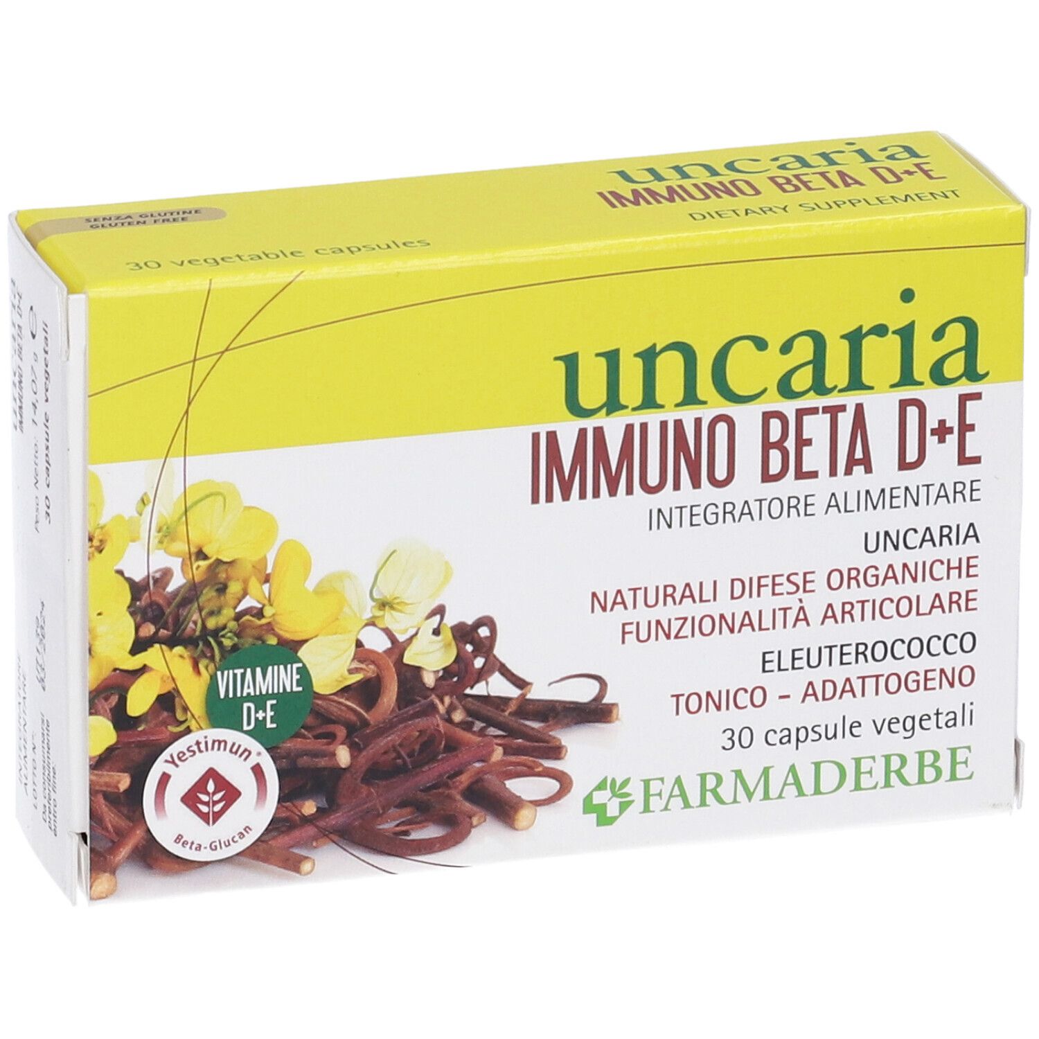 Scatola gialla "Uncaria Immuno Beta D+E" con 30 capsule. Nome e logo ben visibili.