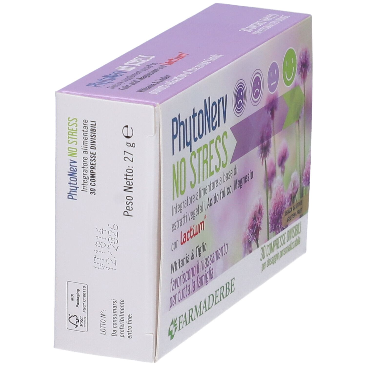 Scatola con nome del prodotto. Vista laterale con testo e logo. Peso: 27g. Data di scadenza.