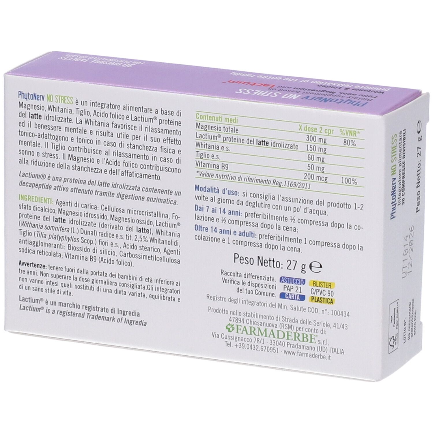 Retro della scatola con informazioni nutrizionali e istruzioni per l'uso. Testo in italiano.