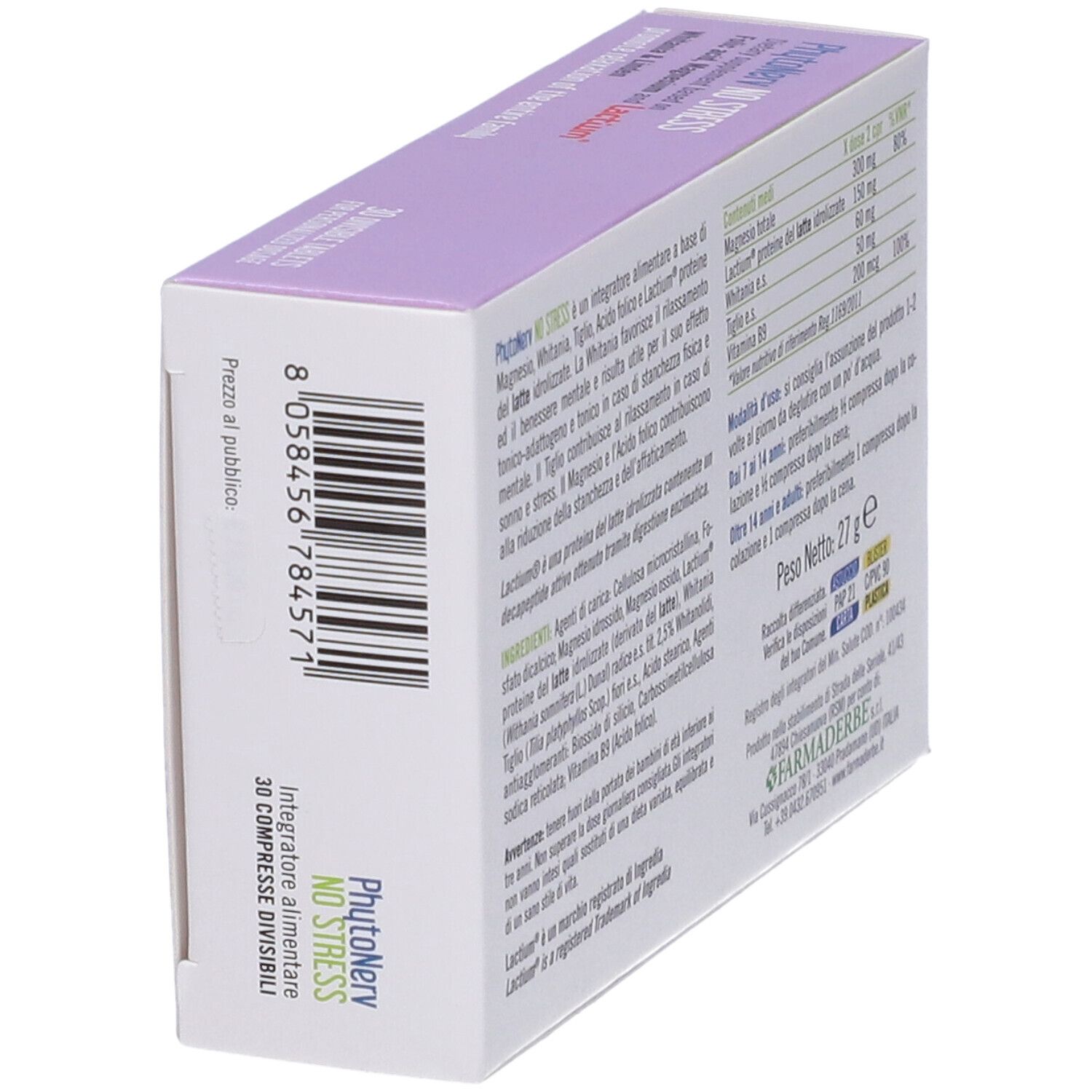 Scatola con informazioni sul prodotto. Testo in italiano. Peso: 27g. Marca: Farmaderbe.