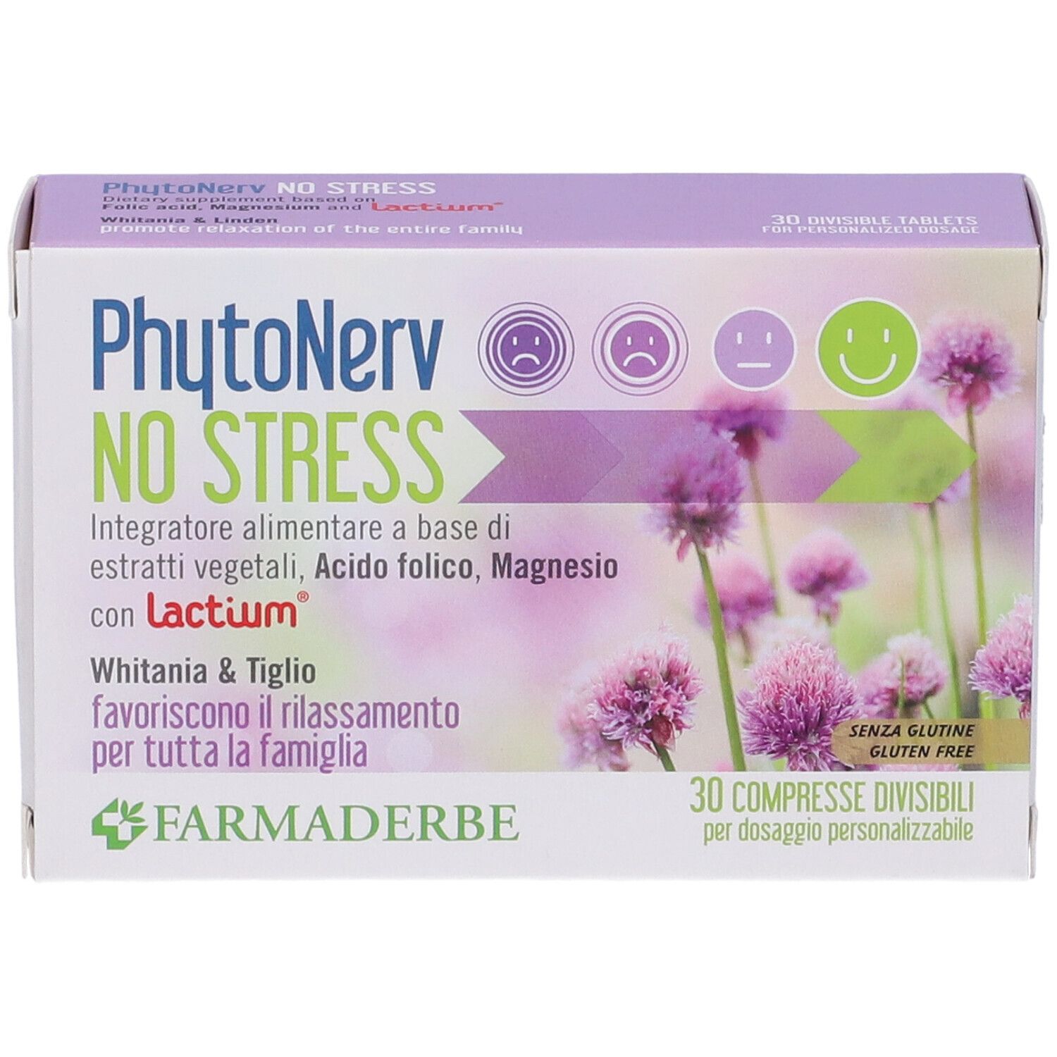 Scatola di compresse. Nome del prodotto e design floreale. Contiene 30 compresse. Marca: Farmaderbe.