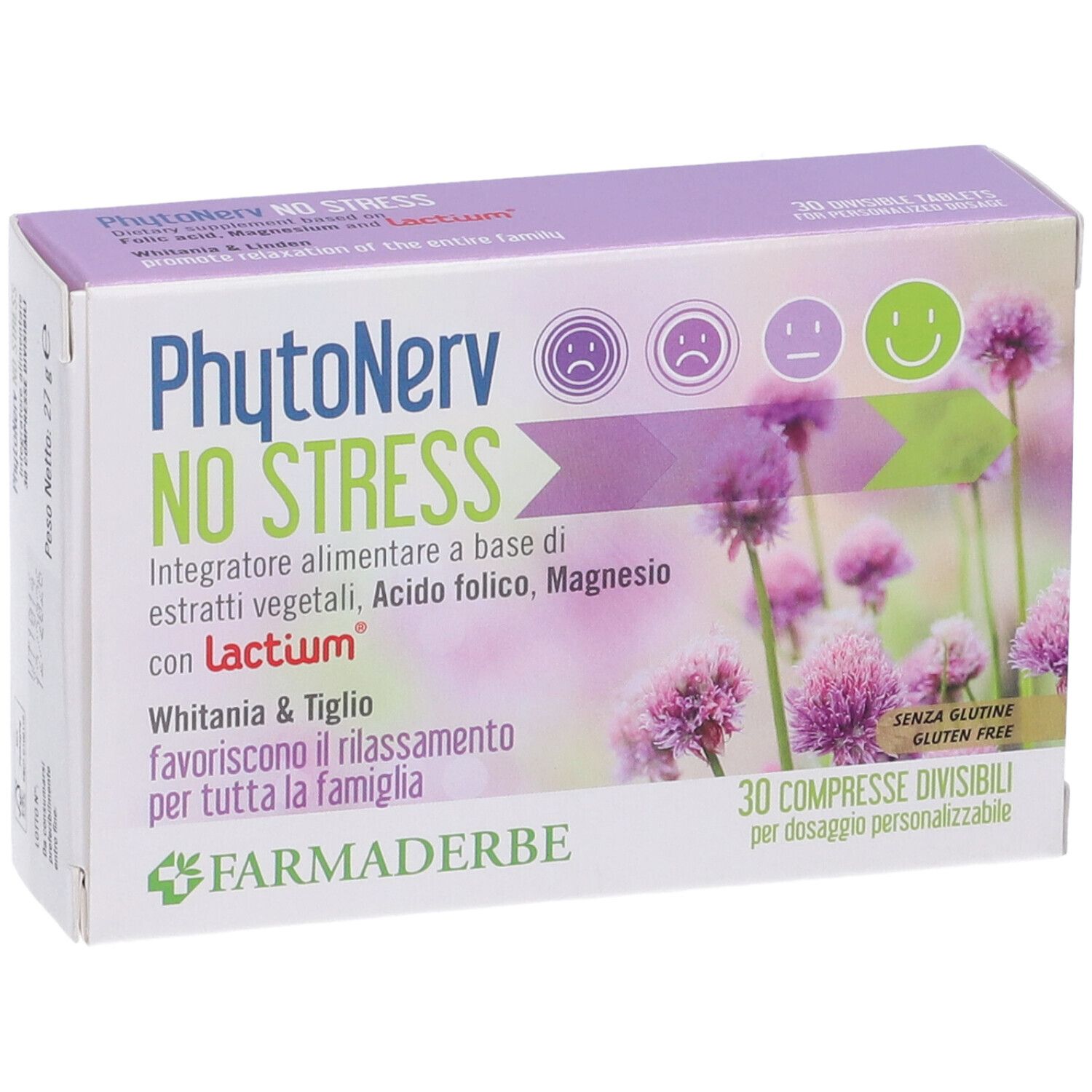 Scatola di compresse. Nome del prodotto e design floreale. Contiene 30 compresse. Marca: Farmaderbe.