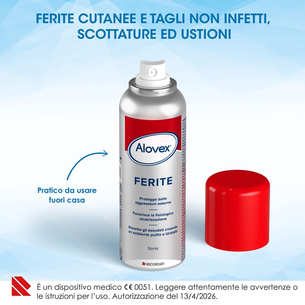 Alovex Ferite Spray: bomboletta con tappo rosso rimosso, mostra la funzione spray.