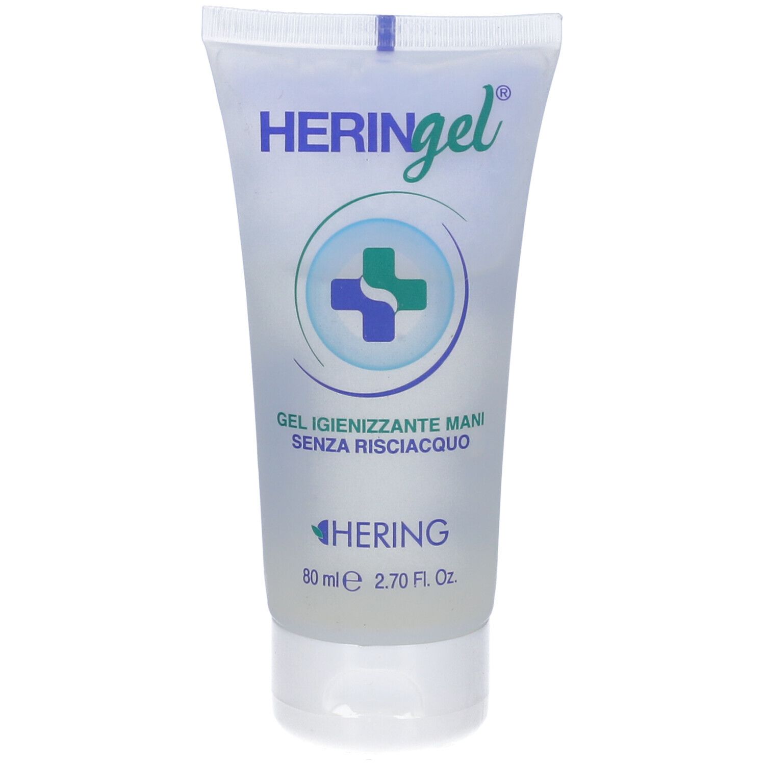 Tubo di HERINGel. Gel verde, tappo bianco. Logo croce. Testo: Gel igienizzante mani senza risciacquo. 80 ml.