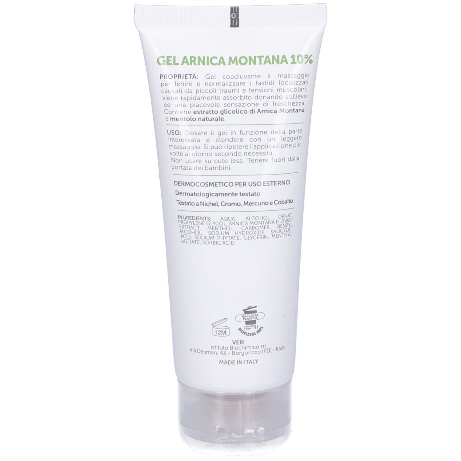 Retro del tubo. Testo: Gel Arnica Montana 10%. Ingredienti, istruzioni per l'uso.