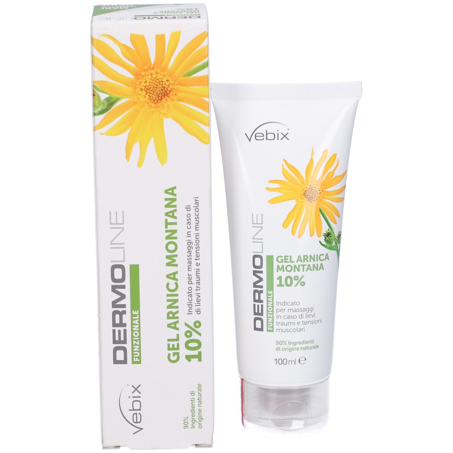 Confezione del prodotto con tubo. Testo: Dermoline, Gel Arnica Montana 10%. Fiore giallo.