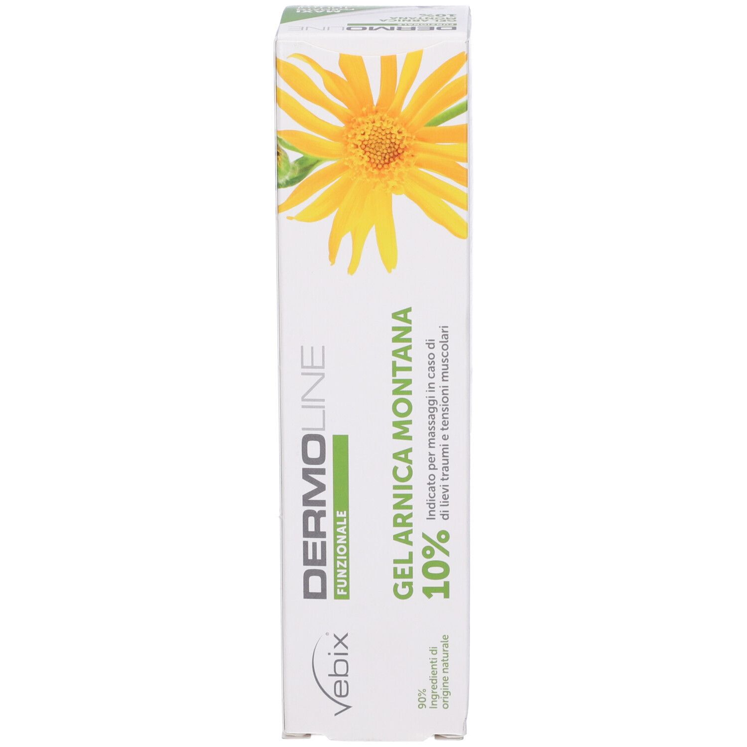 Confezione del prodotto. Testo: Dermoline, Gel Arnica Montana 10%. Fiore giallo.