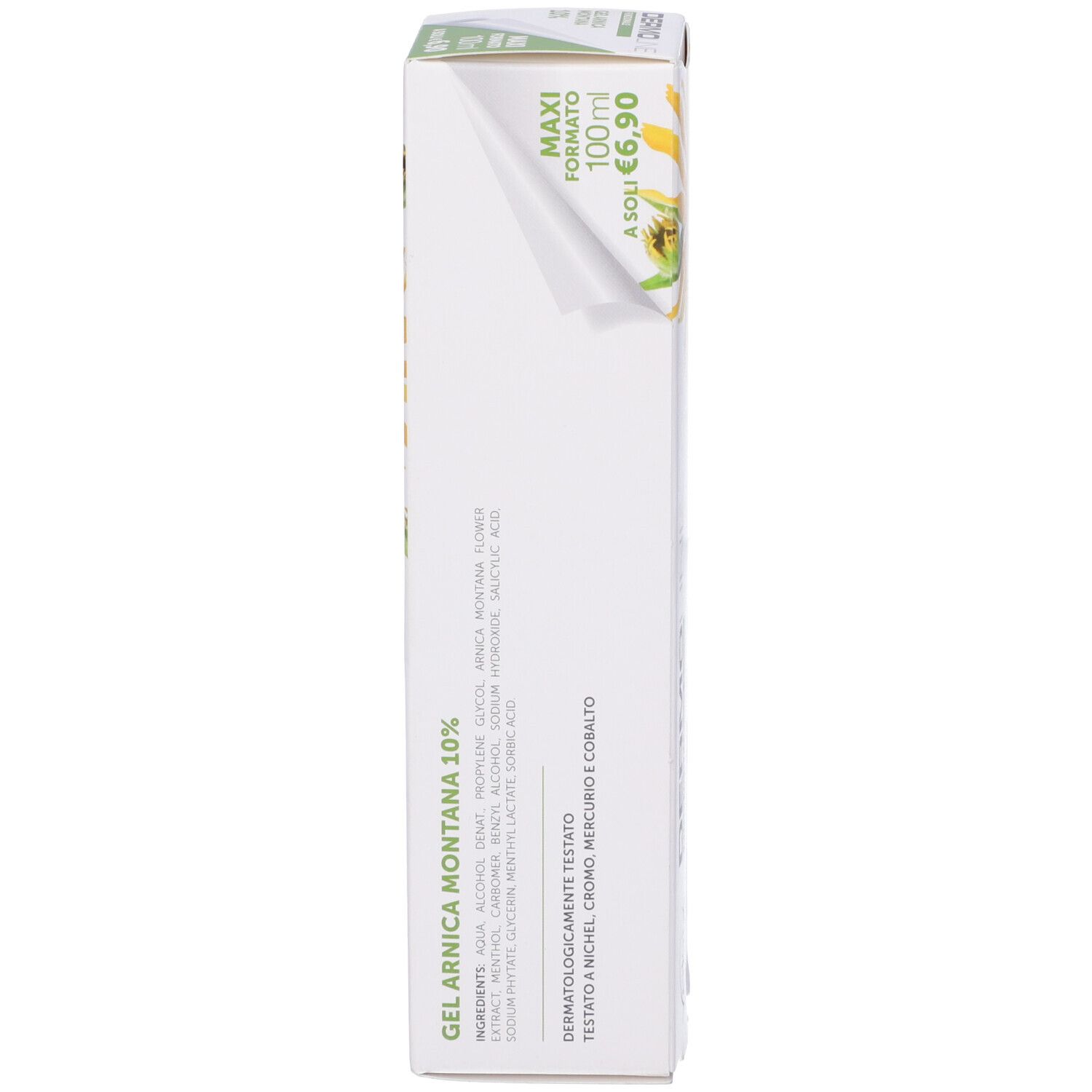 Vista laterale della confezione. Testo: Gel Arnica Montana 10%. Prezzo: 6,90€.