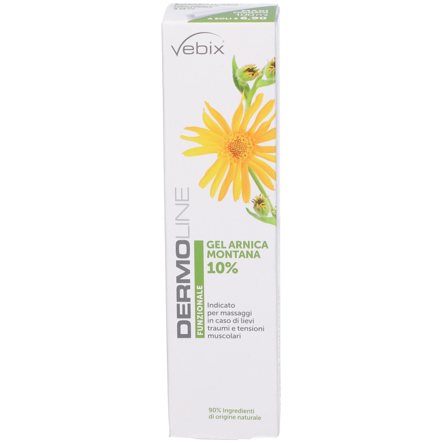 Confezione del prodotto. Testo: Dermoline, Gel Arnica Montana 10%. Fiore giallo.