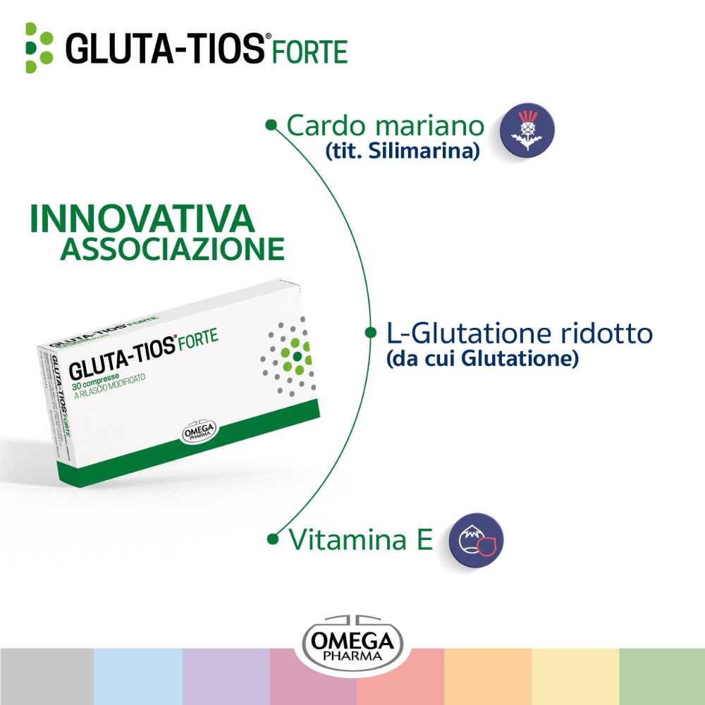 Informazioni prodotto. Gluta-Tios Forte. Ingredienti: Cardo mariano, L-Glutatione ridotto, Vitamina E.