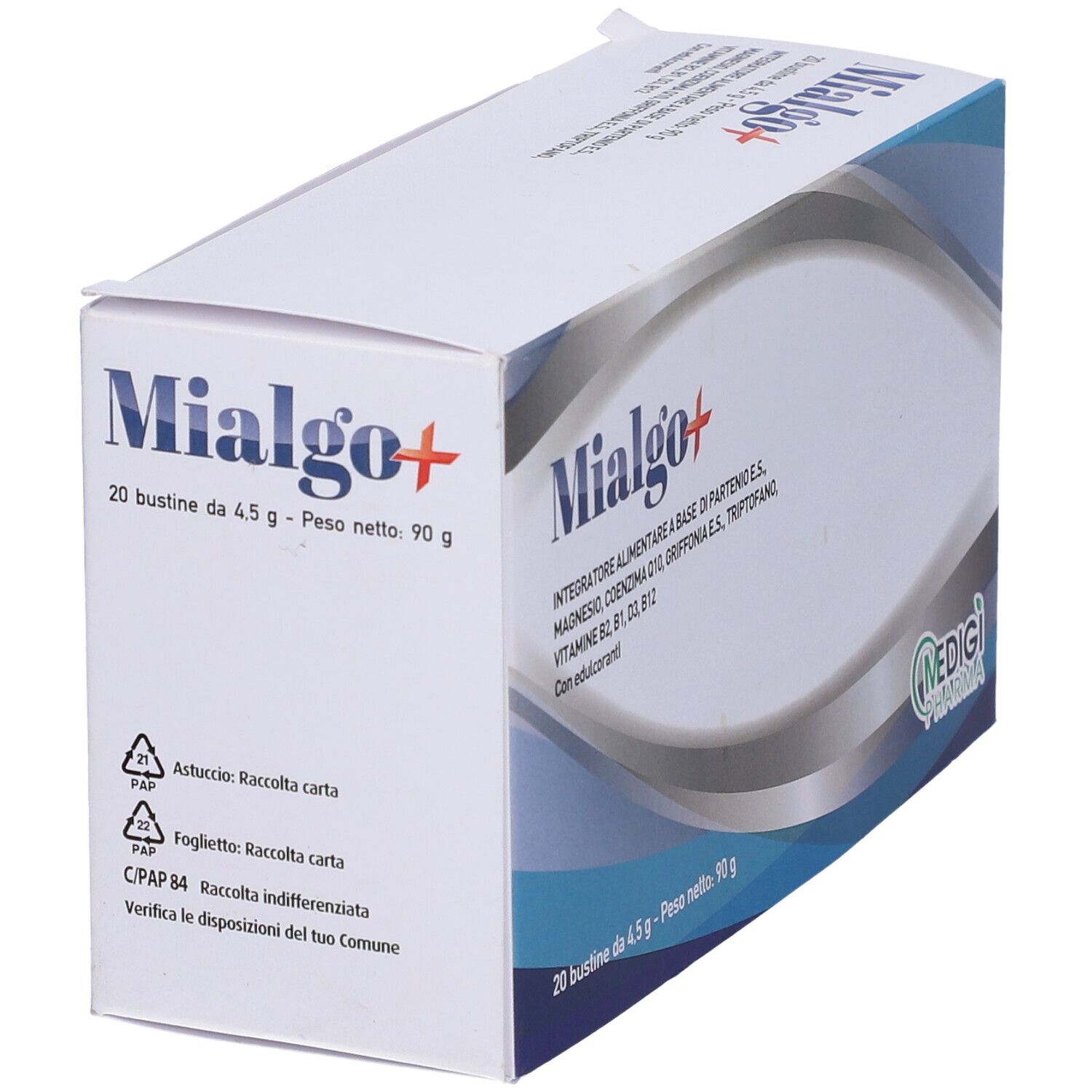 Scatola bianca Mialgo+ con dettagli blu. Contiene 20 bustine. Scritto: Integratore alimentare a base di...