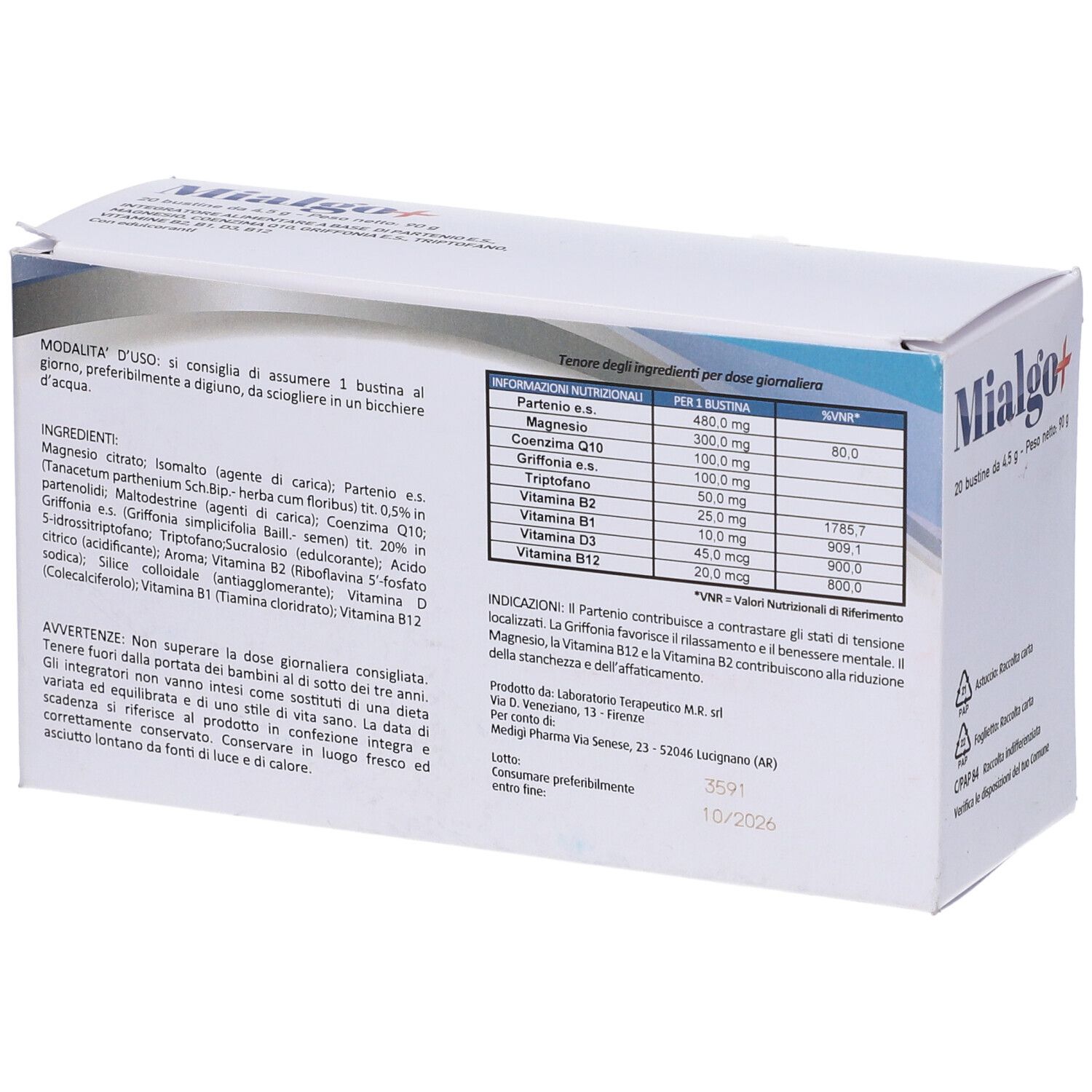 Retro della scatola Mialgo+. Contiene informazioni sugli ingredienti e i valori nutrizionali. Testo in italiano.