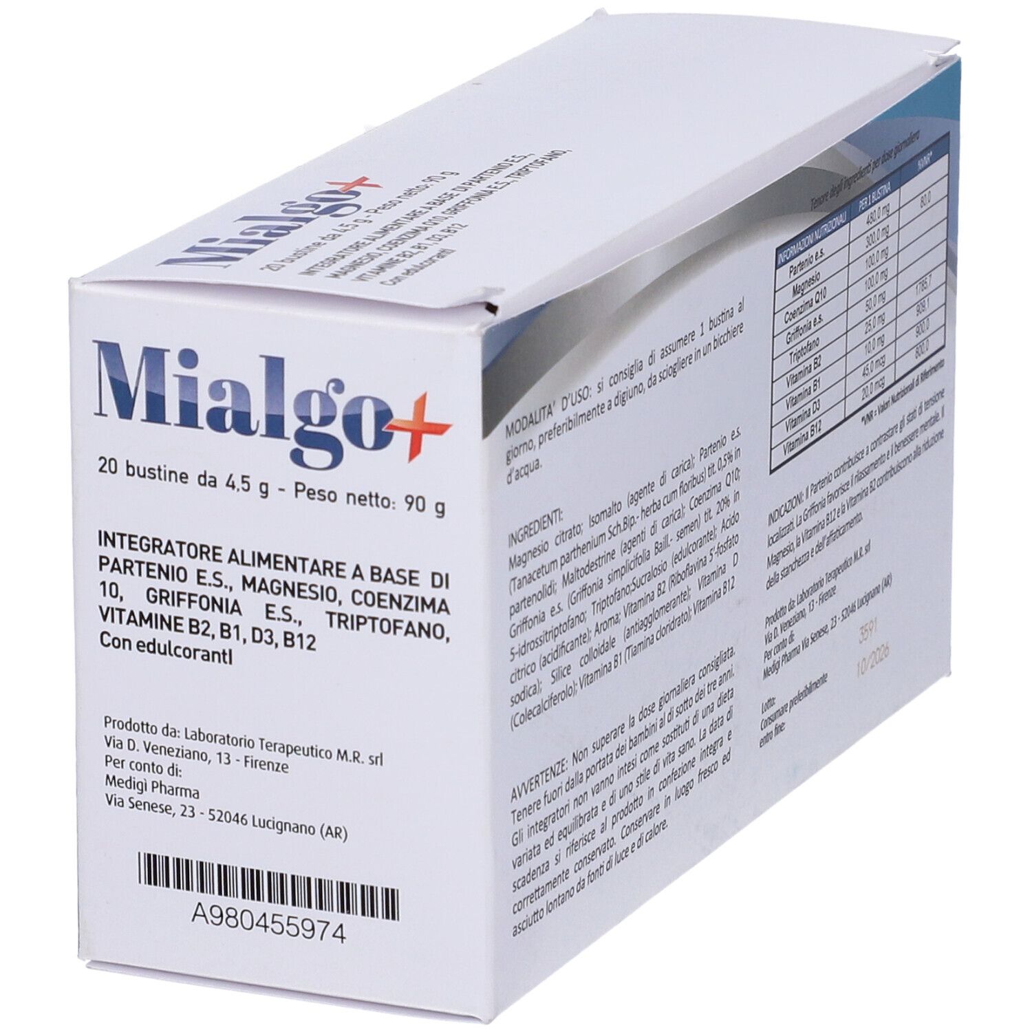 Scatola Mialgo+, vista obliqua. Contiene 20 bustine. Scritto: Integratore alimentare a base di...