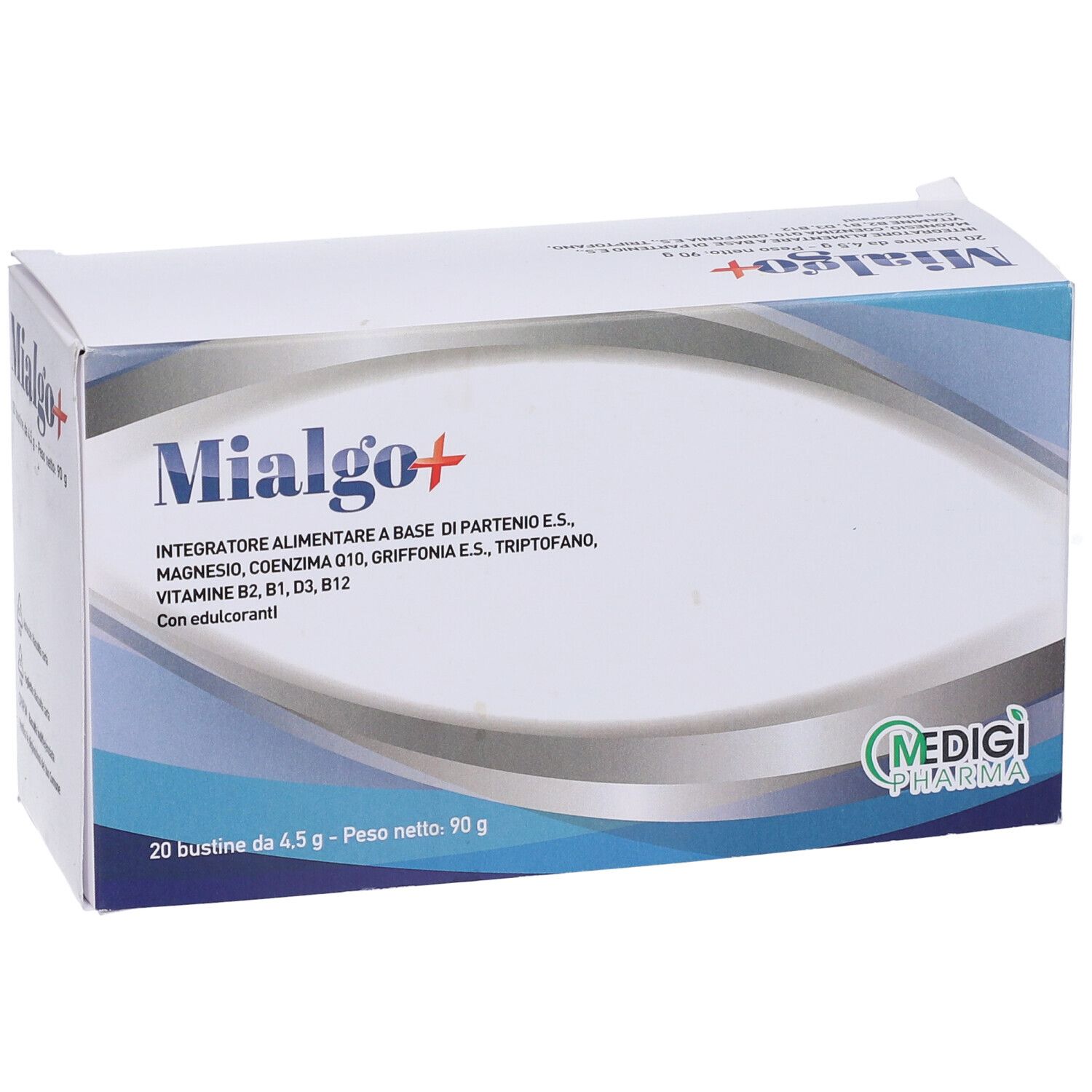 Scatola bianca Mialgo+. Contiene 20 bustine. Scritto: Integratore alimentare a base di... Logo Medigi Pharma.