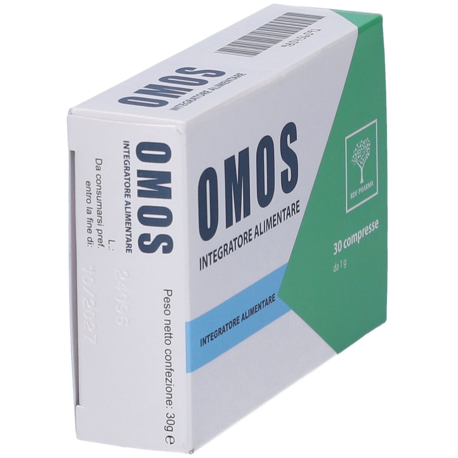 Scatola "OMOS Integratore Alimentare". 30 compresse. Vista obliqua. Confezione verde e bianca.