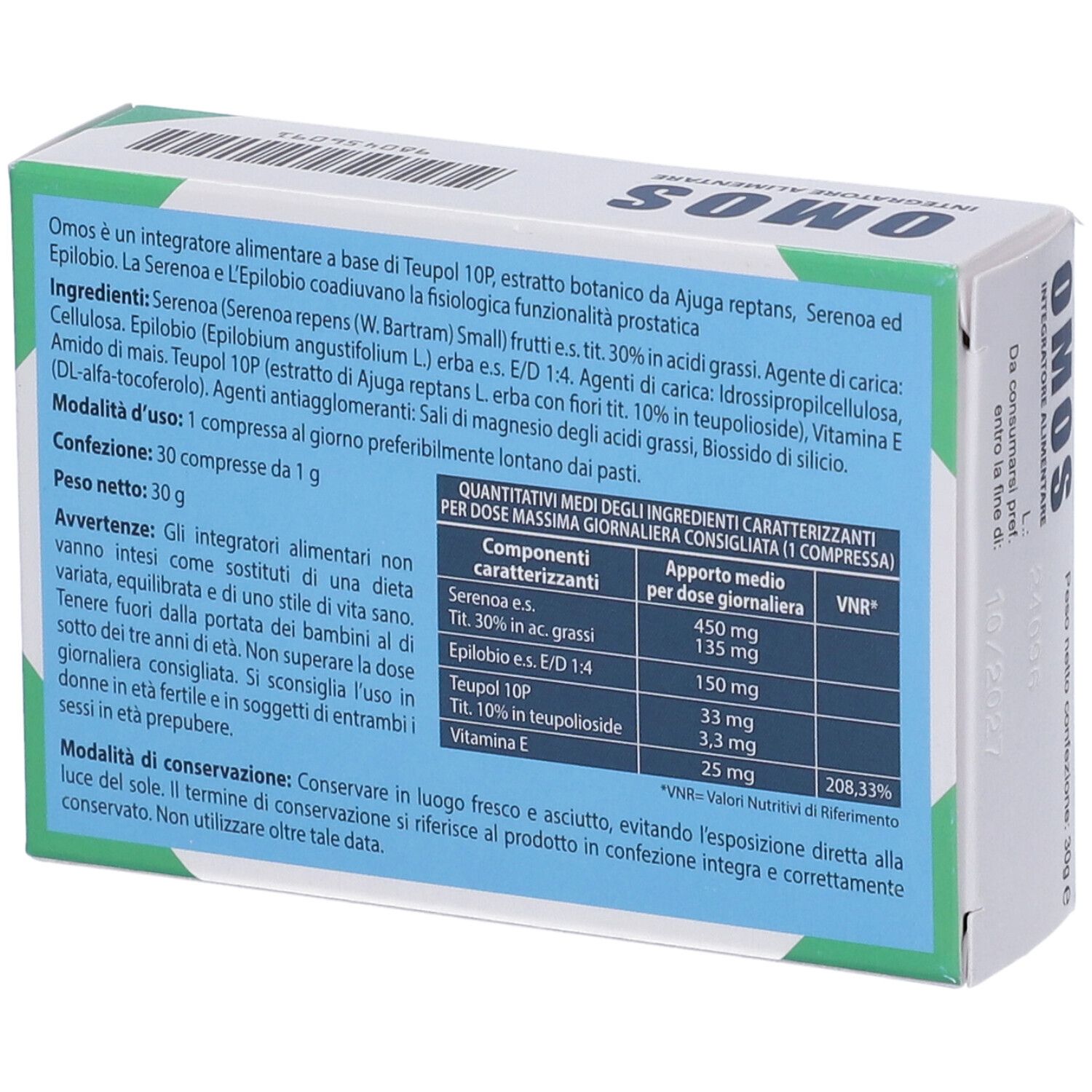 Retro della scatola "OMOS Integratore Alimentare". Testo con ingredienti e informazioni nutrizionali.