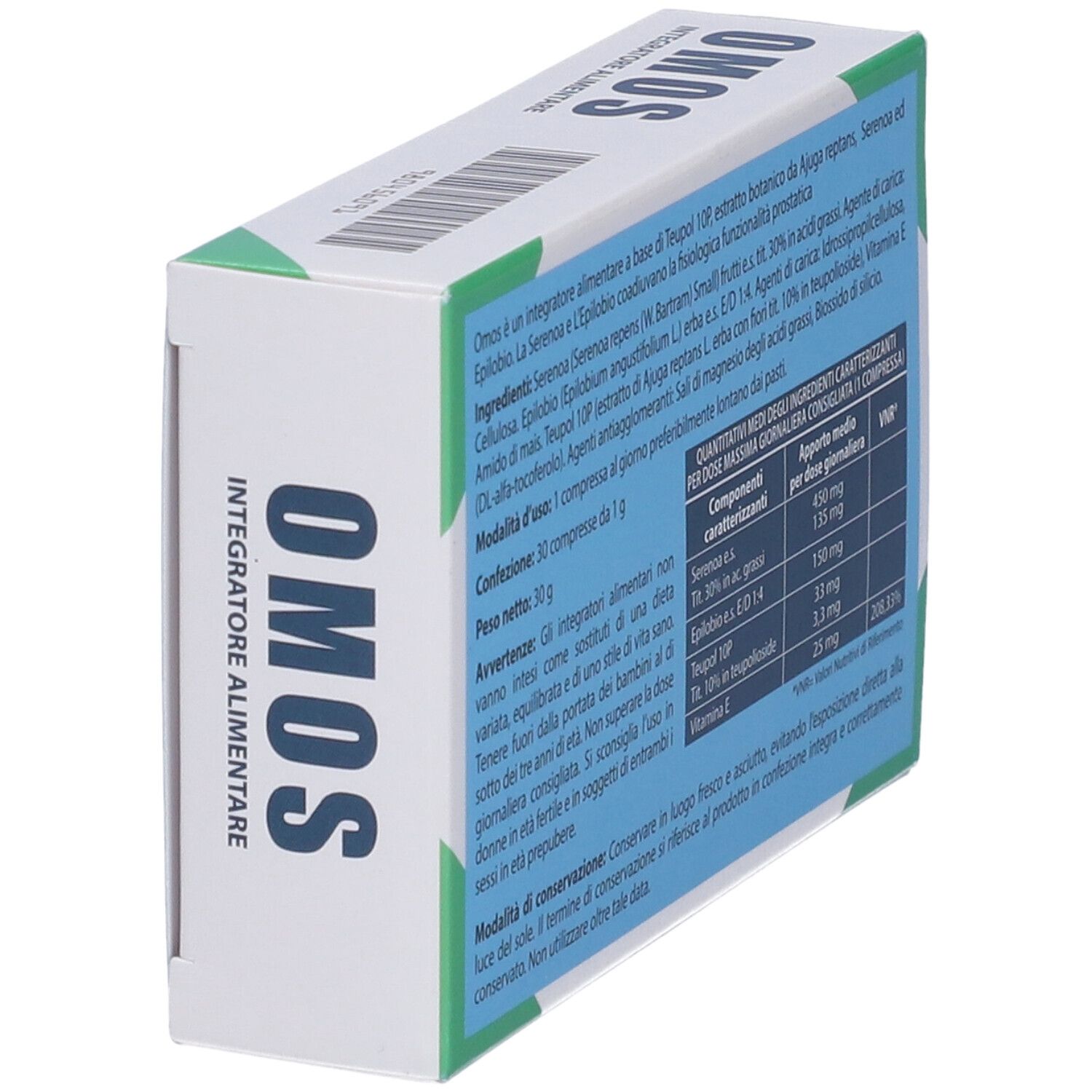 Scatola "OMOS Integratore Alimentare". Retro con testo. Confezione verde e bianca. Vista obliqua.