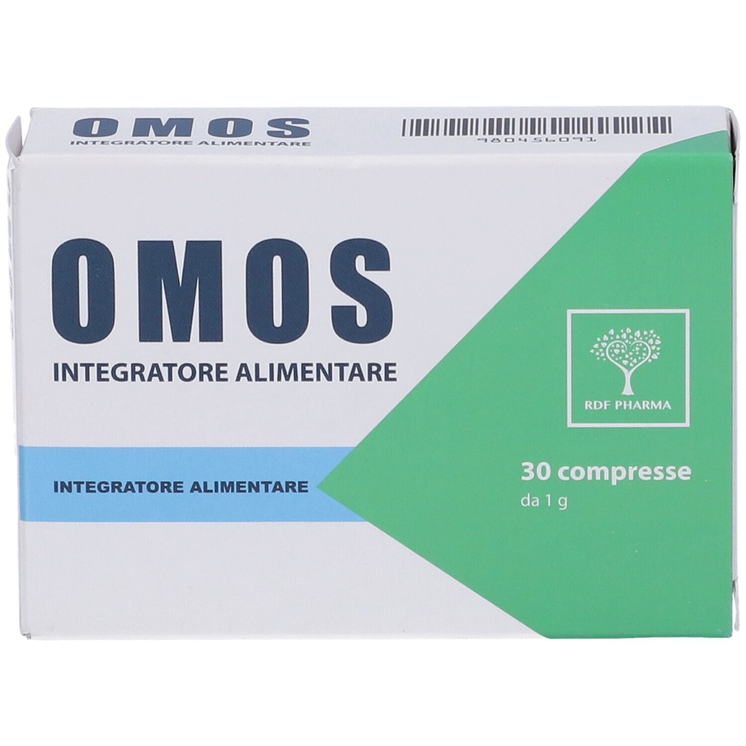 Scatola "OMOS Integratore Alimentare". 30 compresse. Confezione verde e bianca. Vista frontale.