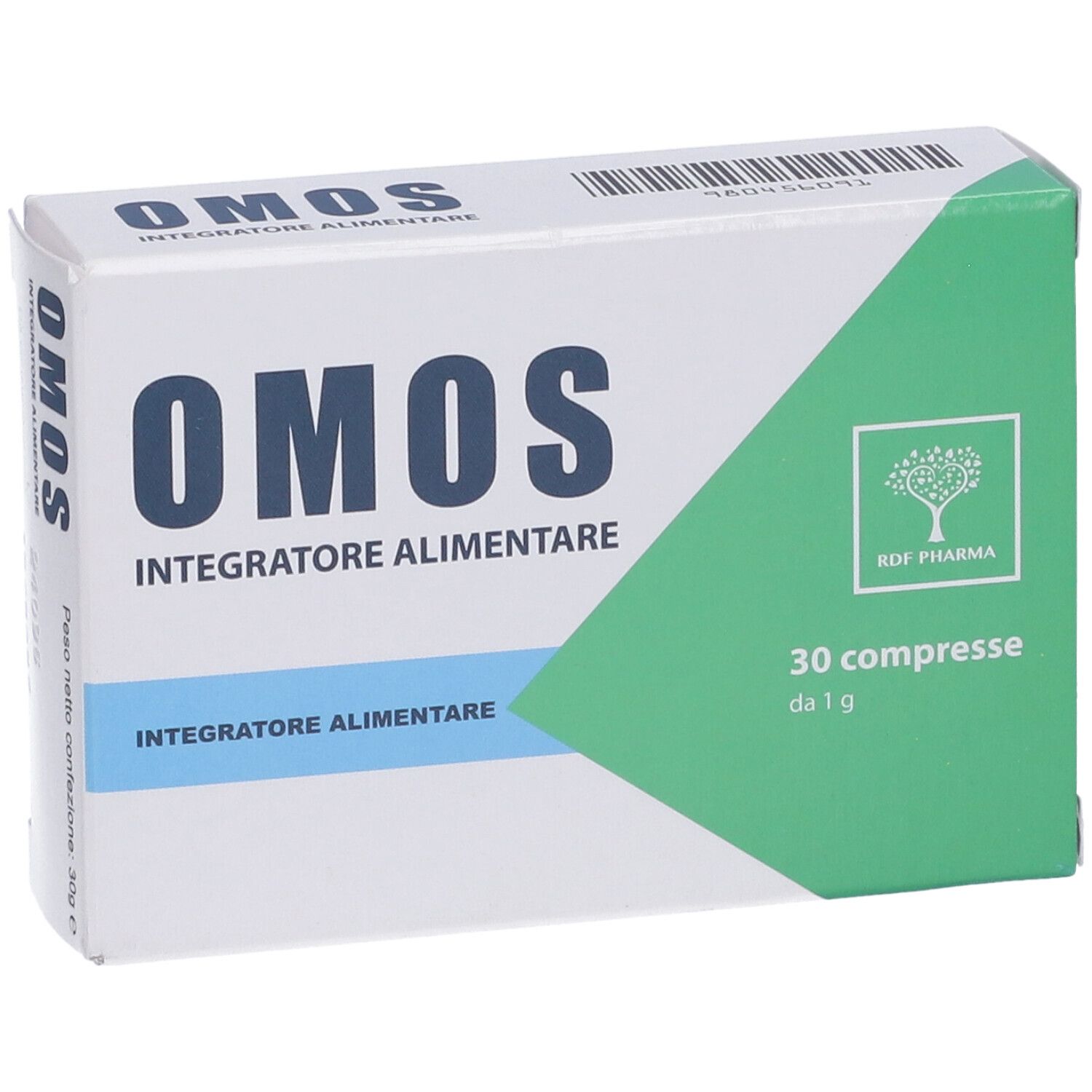 Scatola "OMOS Integratore Alimentare". 30 compresse. Confezione verde e bianca. Vista frontale.