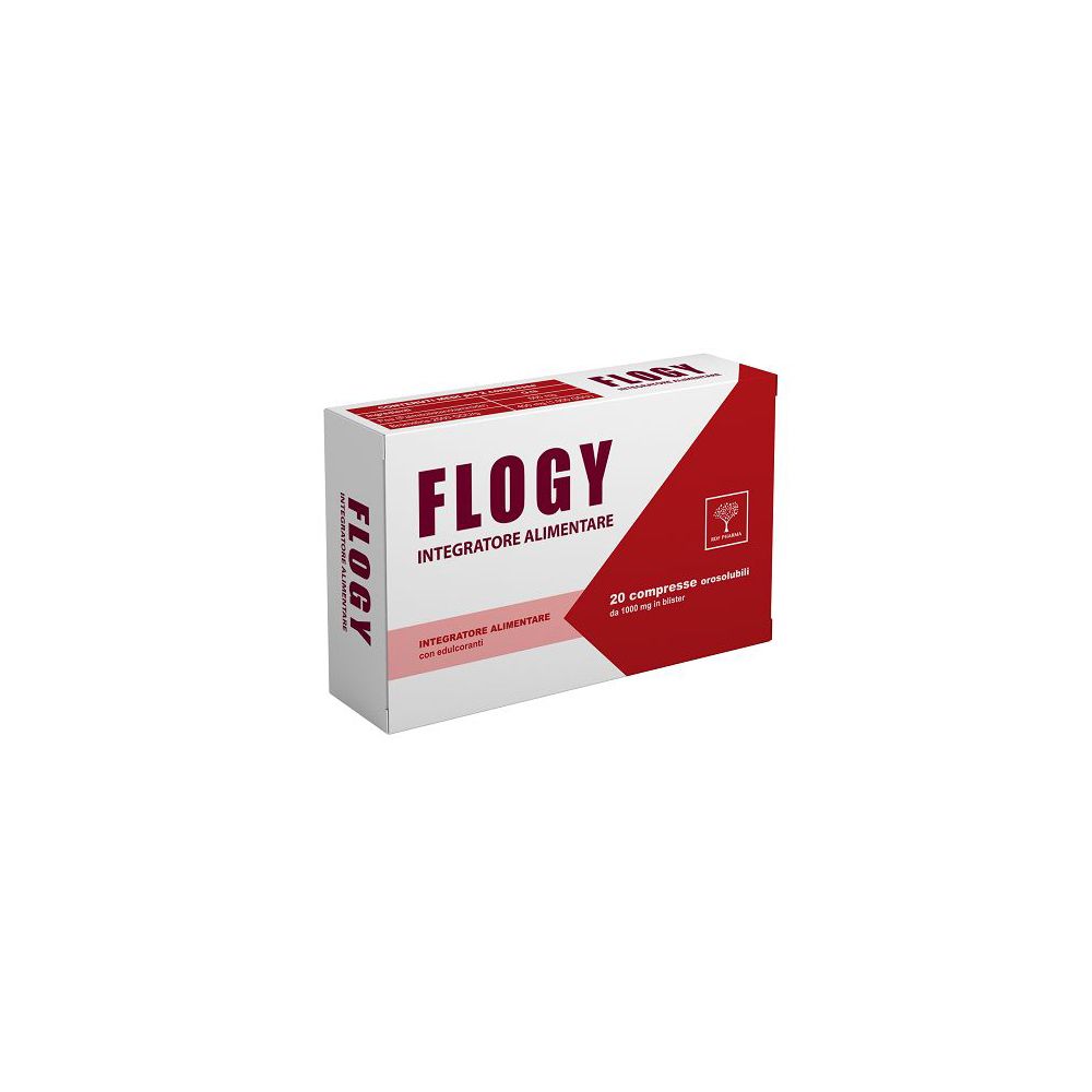 Scatola bianca e rossa. Scritta 'Flogy' e 'Integratore Alimentare'. Contiene 20 compresse. Logo albero.