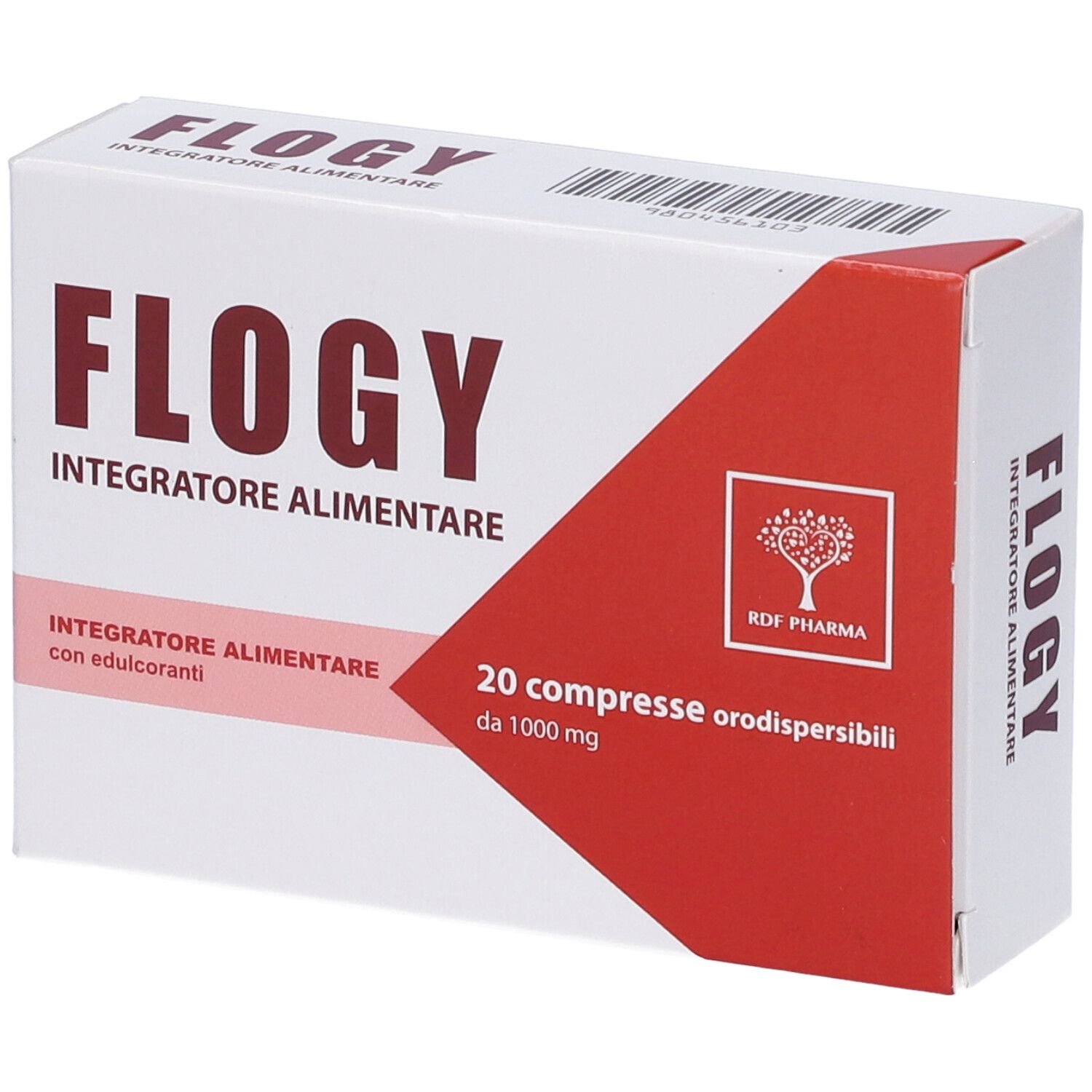 Scatola bianca e rossa. Scritta 'Flogy' e 'Integratore Alimentare'. Contiene 20 compresse. Logo albero.