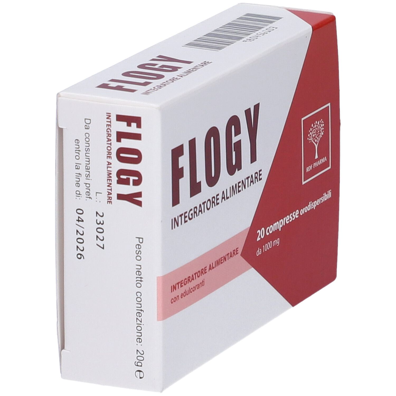 Scatola bianca e rossa. Scritta 'Flogy' e 'Integratore Alimentare'. Contiene 20 compresse. Logo albero.
