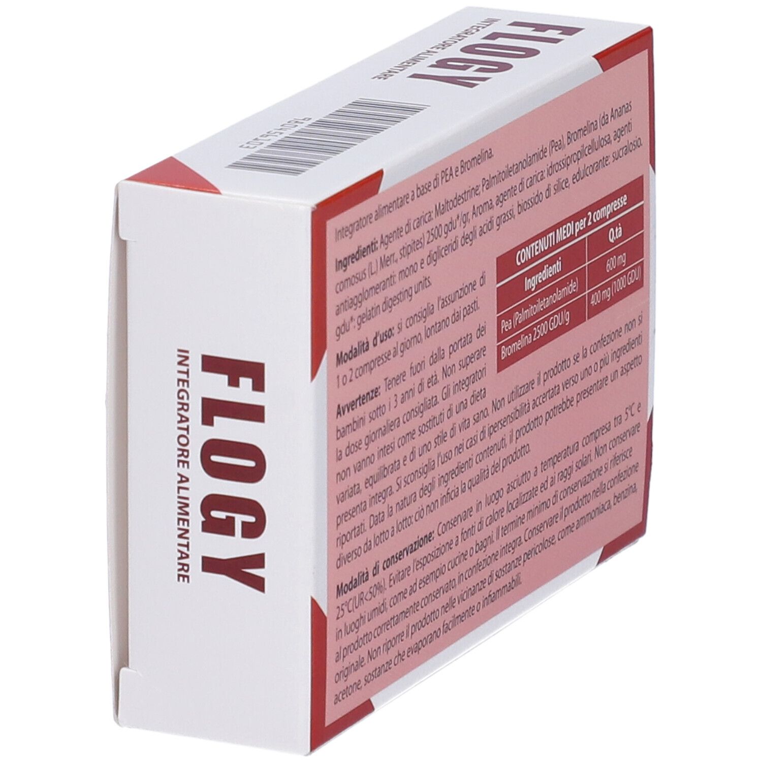 Scatola con accento rosso. Scritta 'Flogy' e 'Integratore Alimentare'. 20 compresse. Logo albero. Testo con ingredienti.