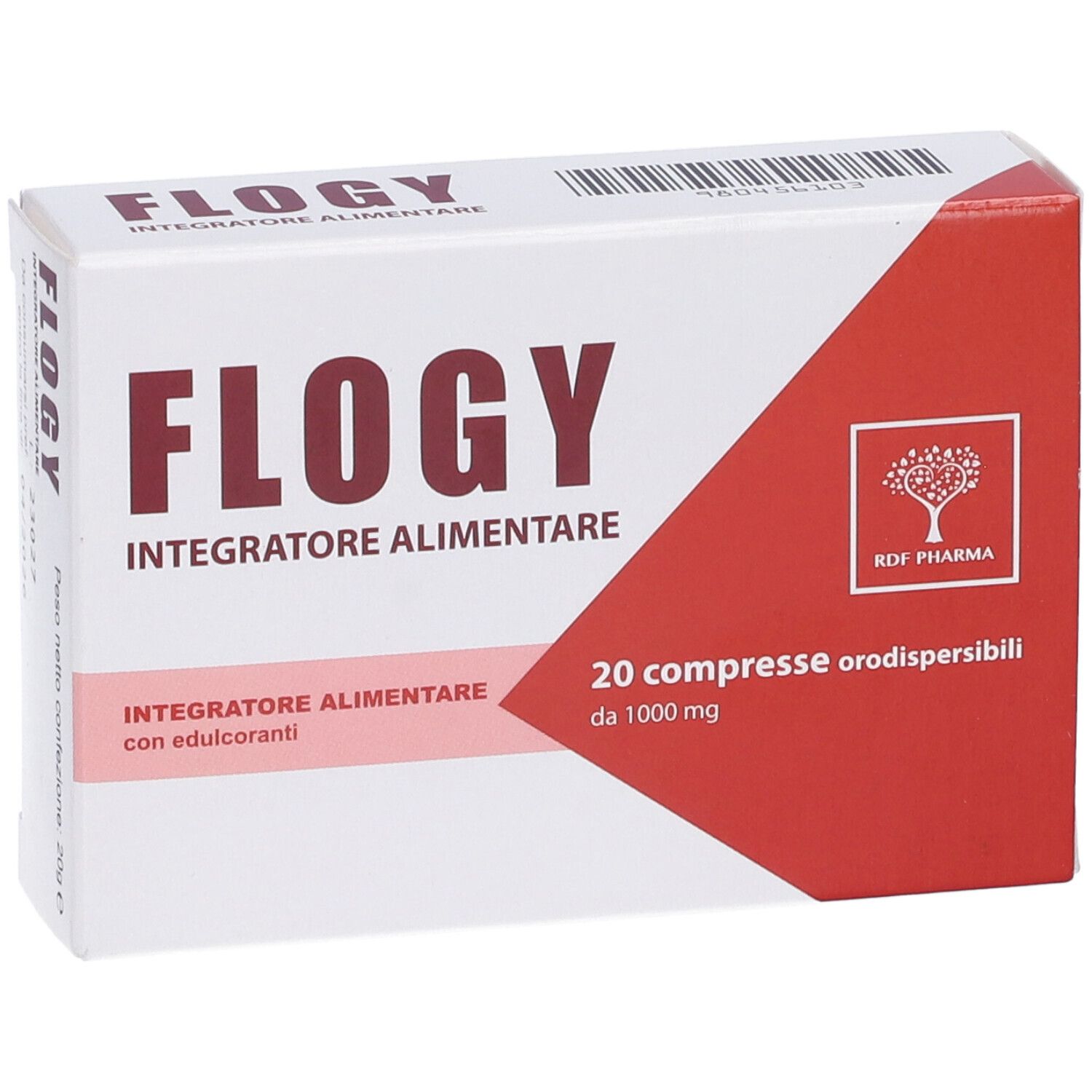 Scatola bianca e rossa. Scritta 'Flogy' e 'Integratore Alimentare'. Contiene 20 compresse. Logo albero.