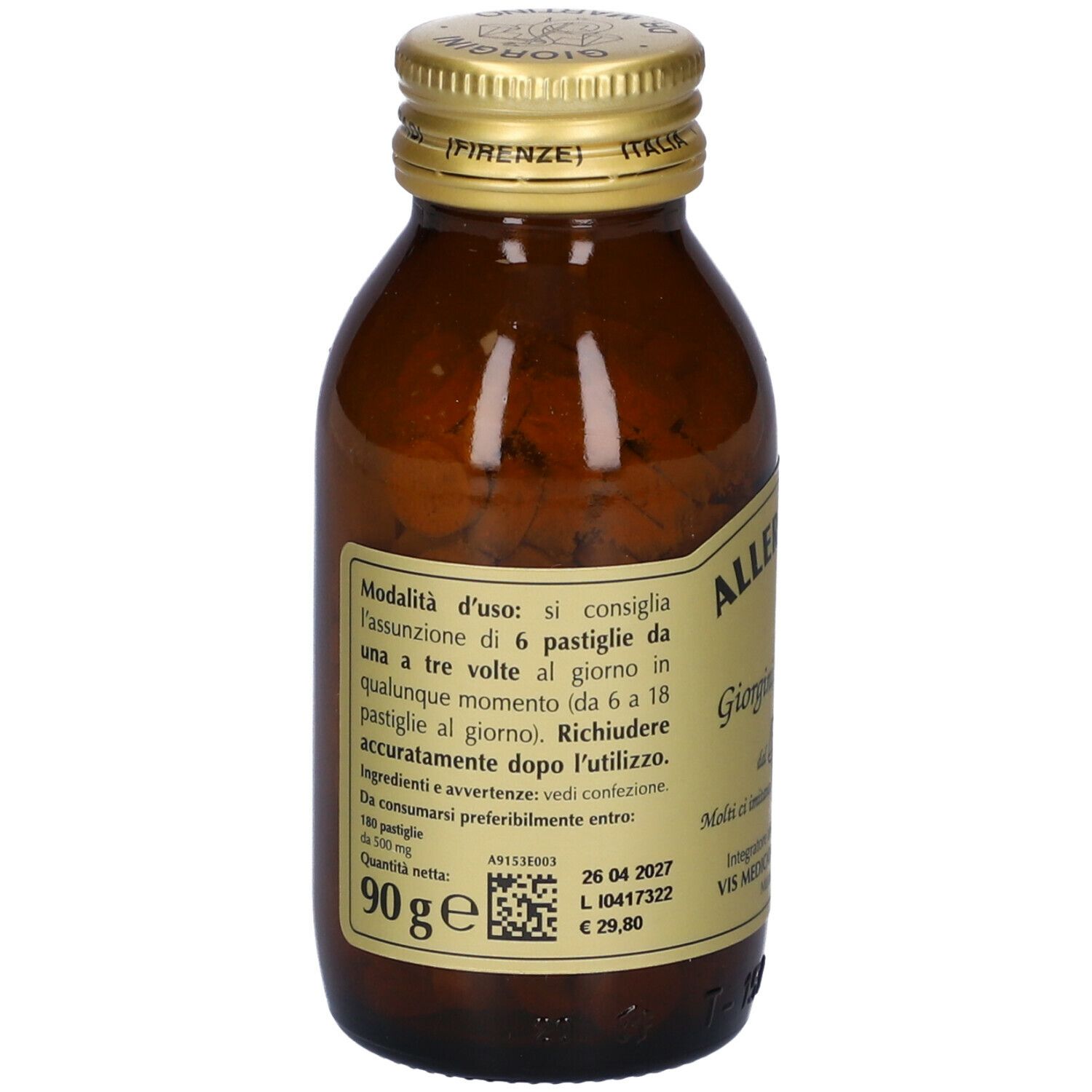 Flacone di vetro marrone con pastiglie e tappo dorato. Scritta: Allergyvis-T, Giorgini Dr. Martino. Retro con testo.