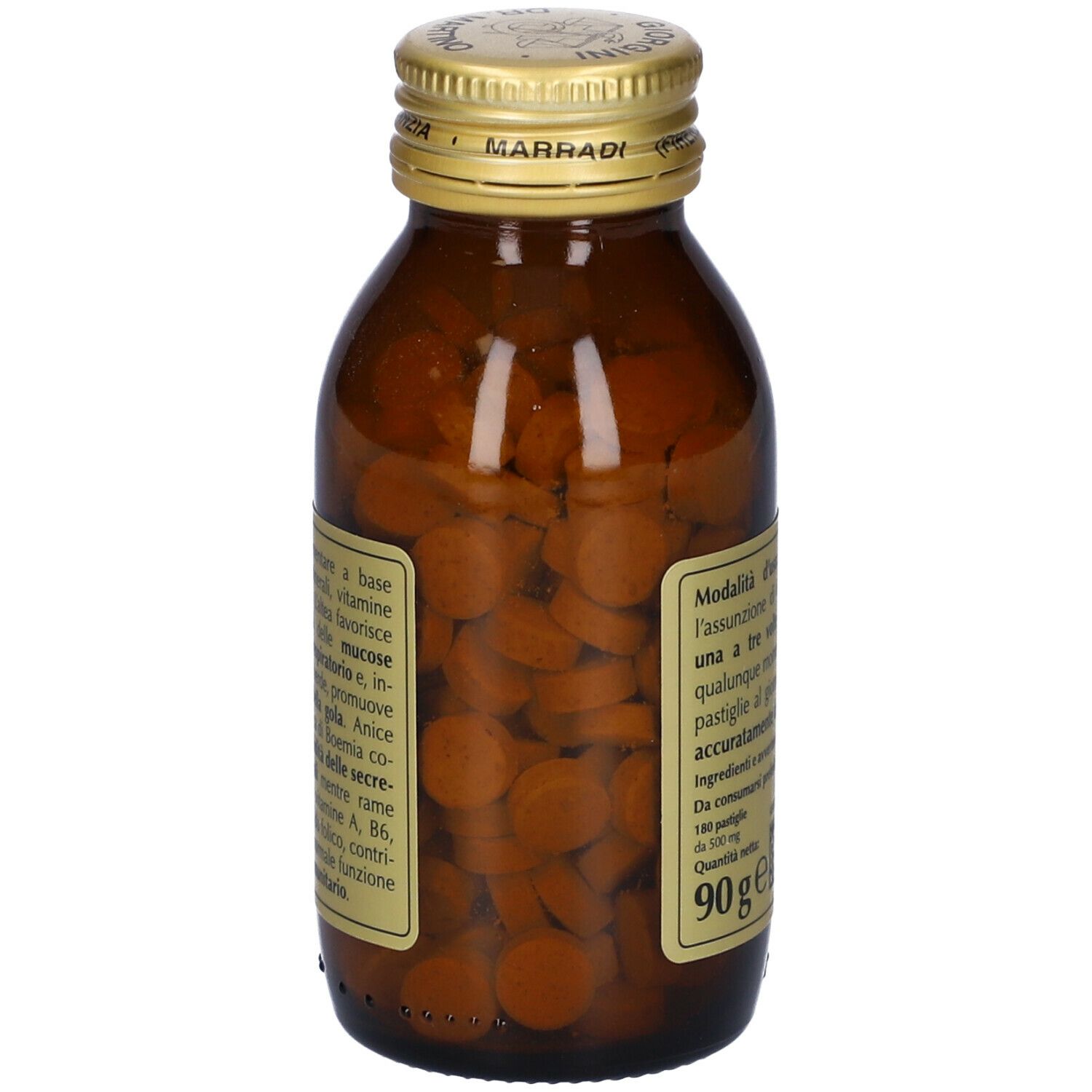 Flacone di vetro marrone con pastiglie e tappo dorato. Scritta: Allergyvis-T, Giorgini Dr. Martino. Retro con testo.